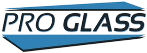 "PRO GLASS" text logo in black, set on a tilted blue parallelogram.