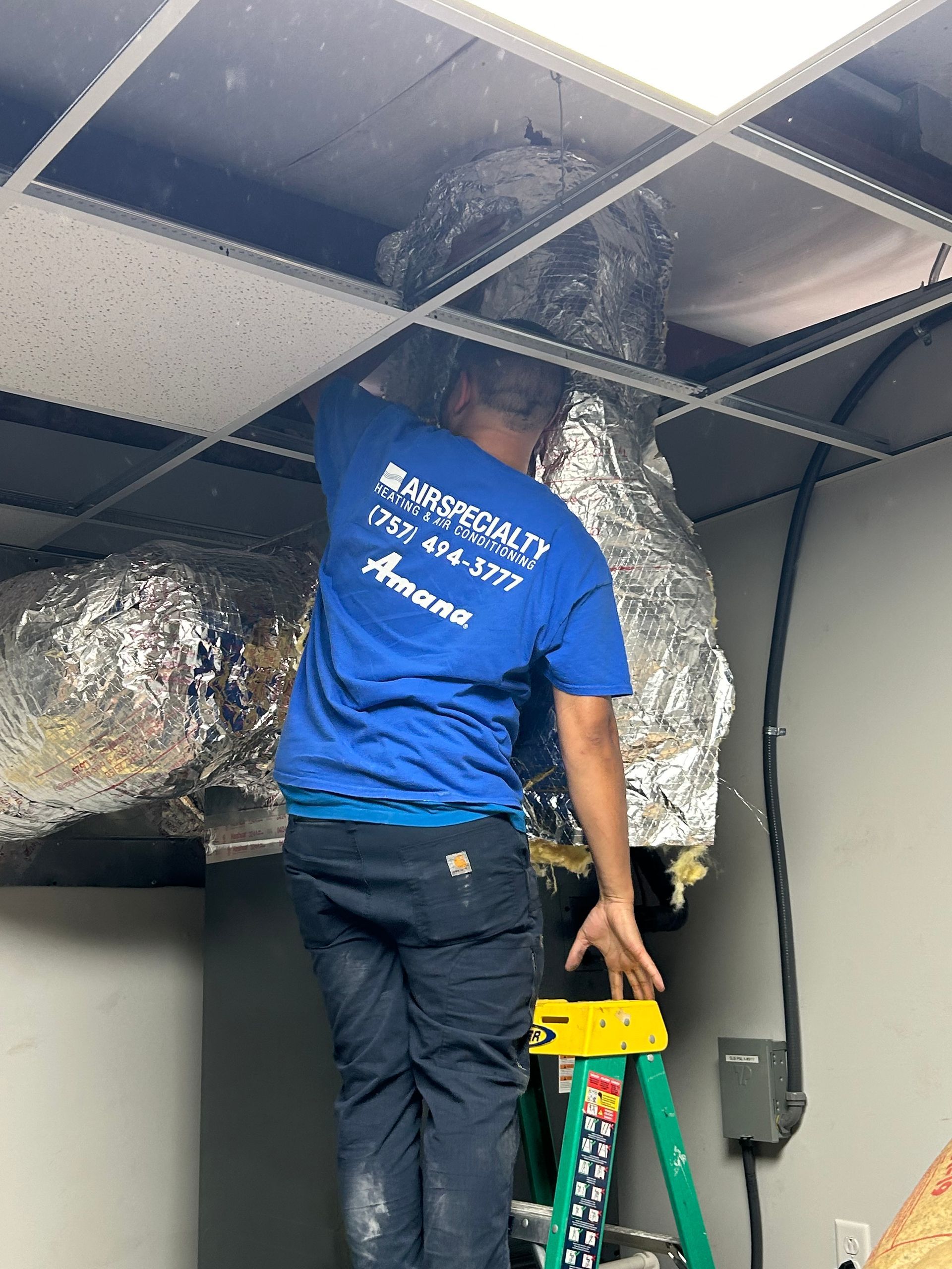 A man in a blue shirt is standing on a ladder in a room.