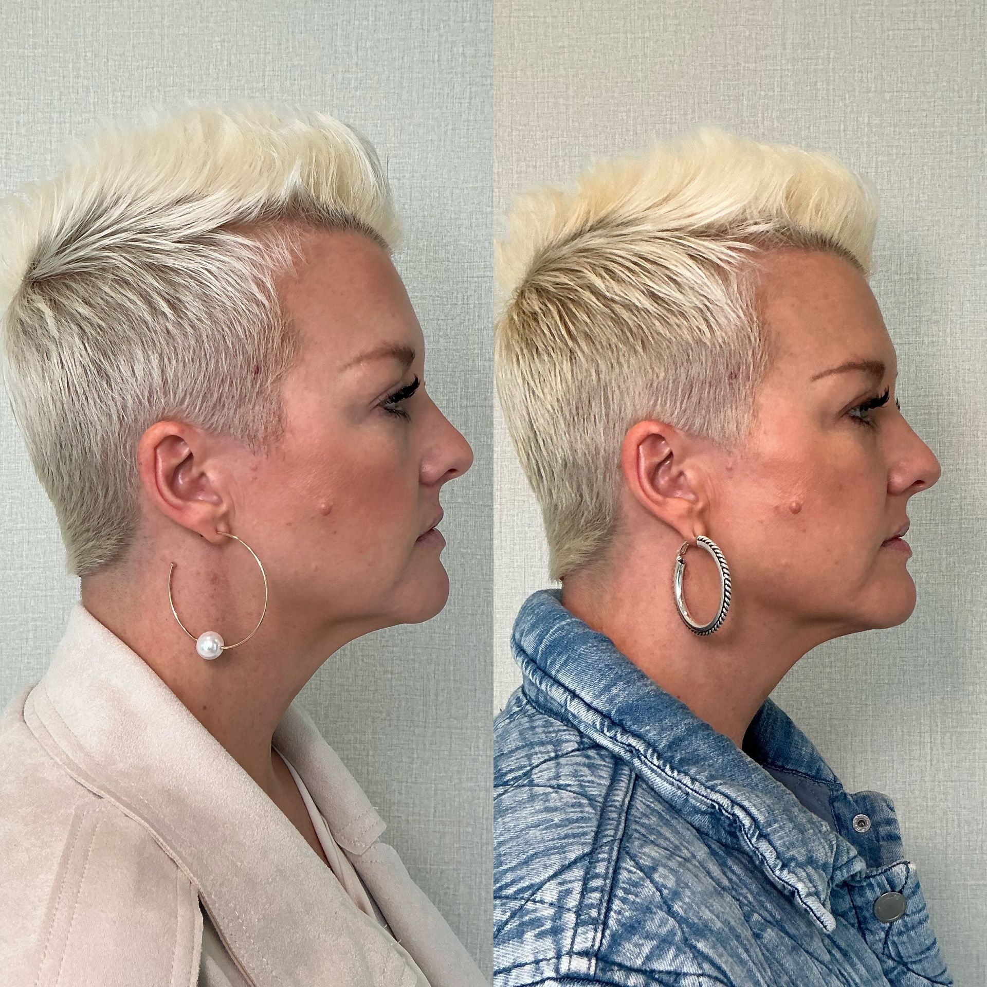 Side-by-side profile portraits showing a woman with short platinum hair, before and after styling with different earrings and clothing