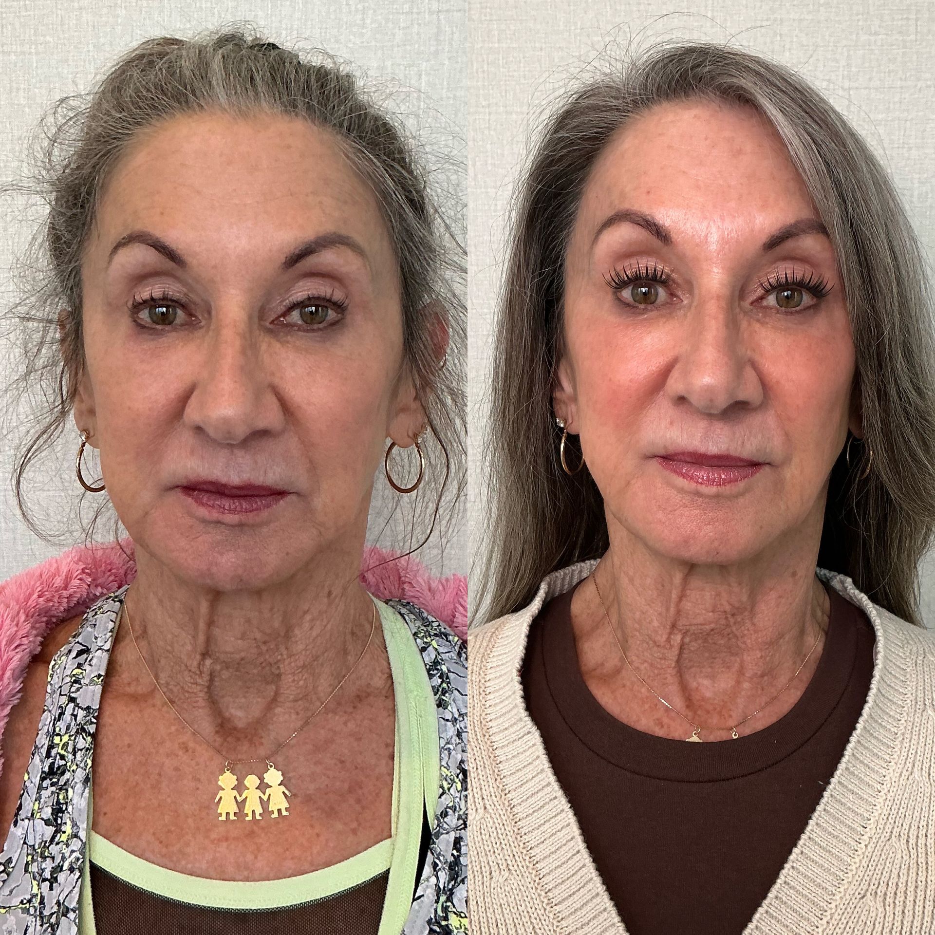 Side-by-side before-and-after portrait of a woman, with natural makeup on the left and a polished look on the right.