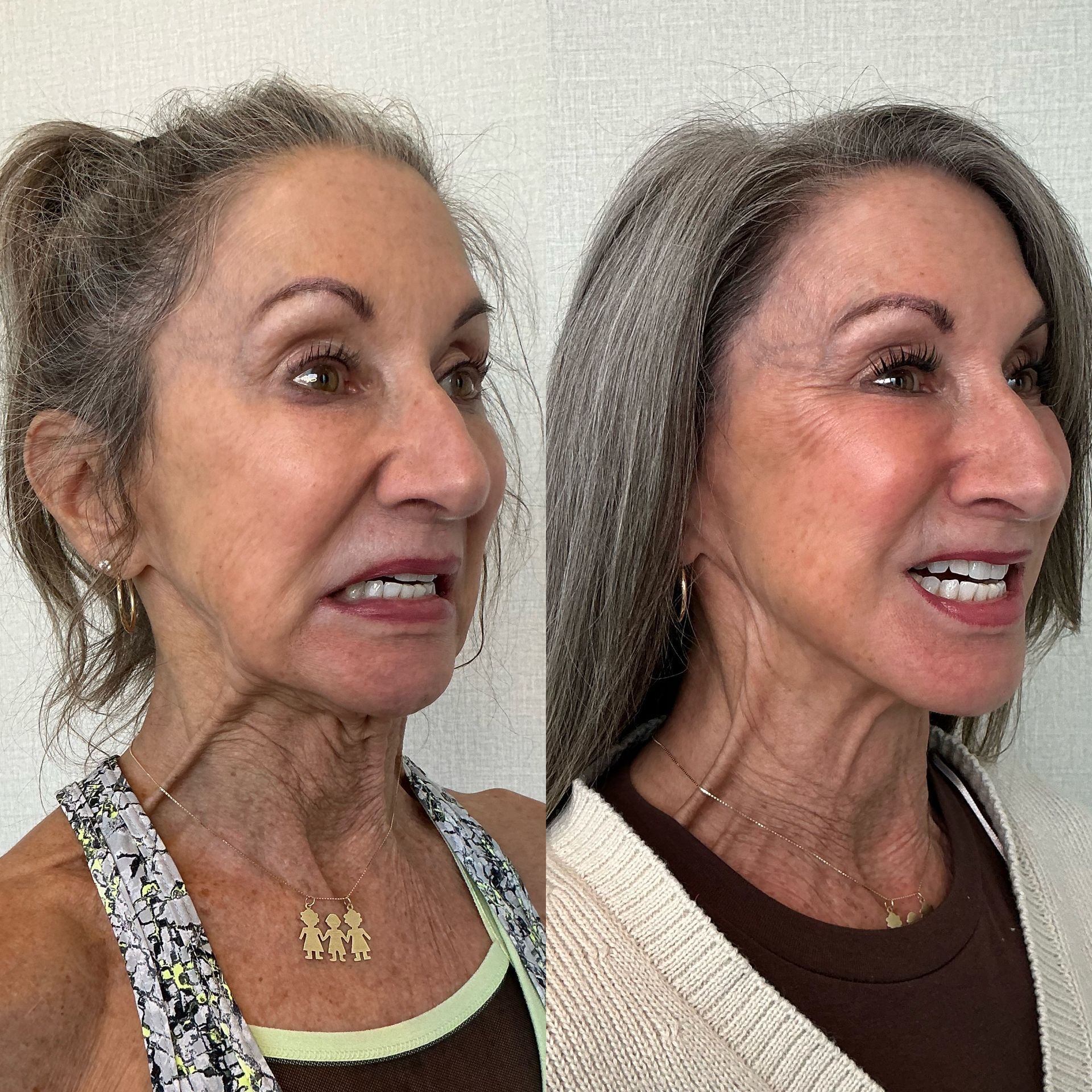Profile comparison showing a woman with gray hair, before and after styling and makeup, side by side