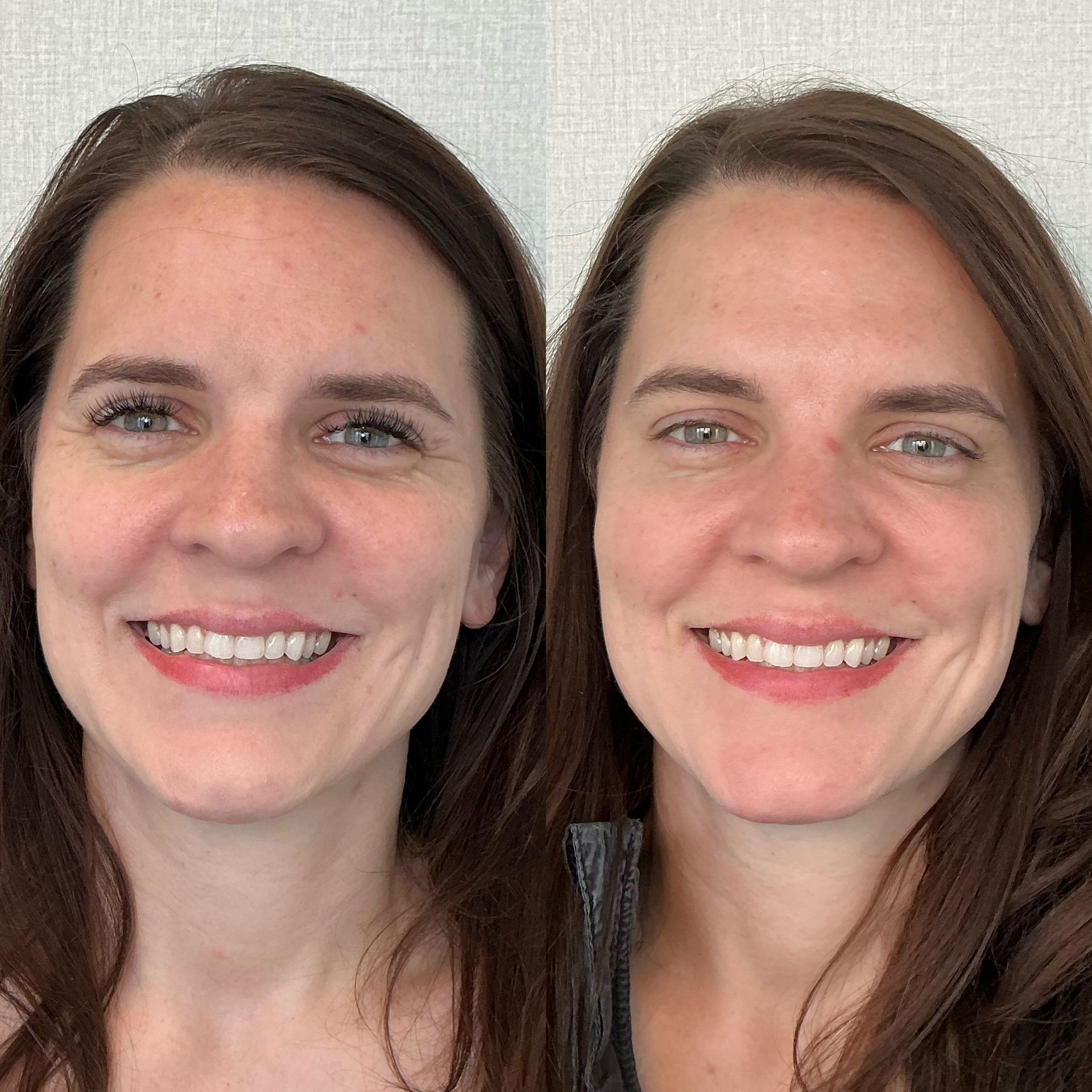 Two side-by-side portraits of a smiling woman against a plain background