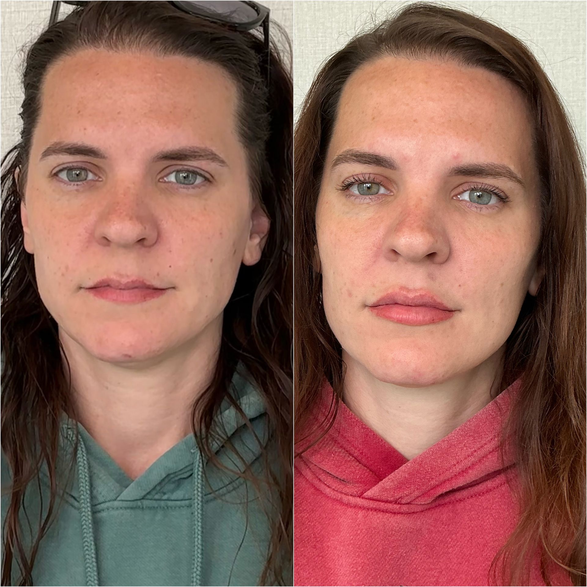Side-by-side close-up portraits of the same person in a teal hoodie and a pink hoodie