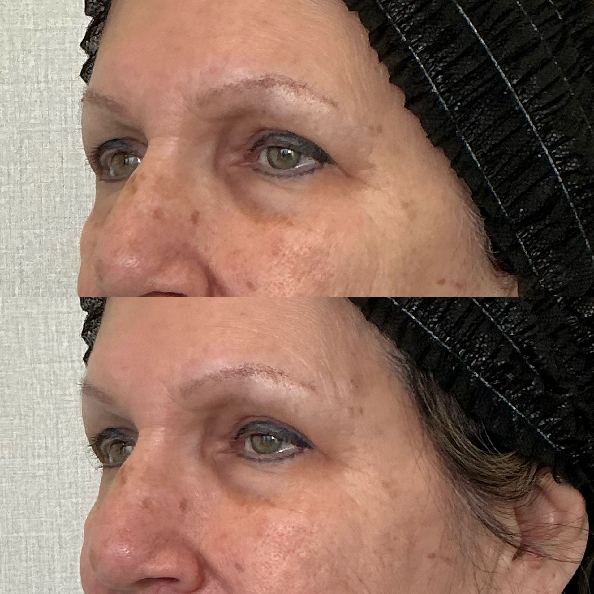 Side-by-side close-up profile views of a woman wearing a black knit hat