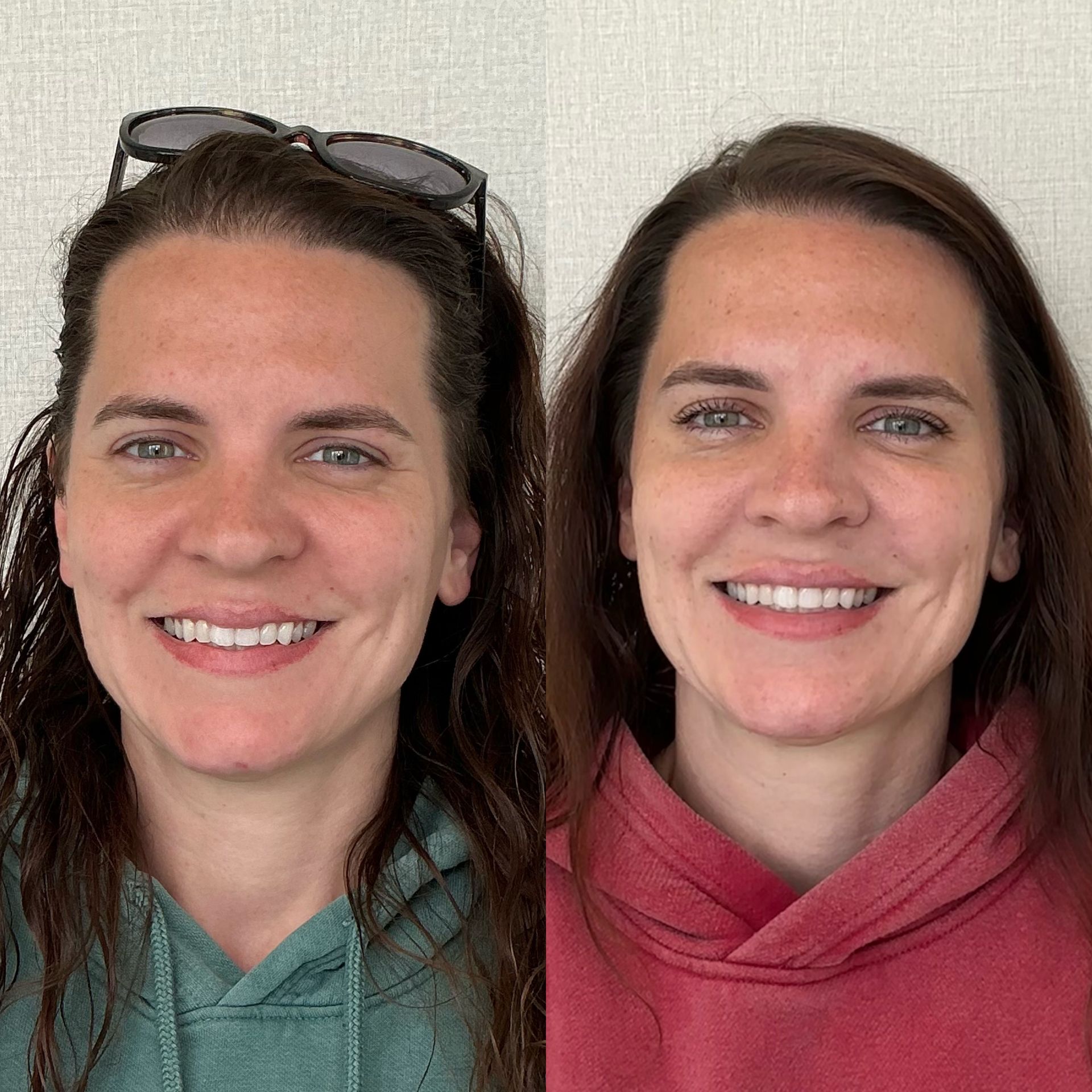 Two side-by-side portraits of the same person wearing a green hoodie and a pink hoodie, smiling.