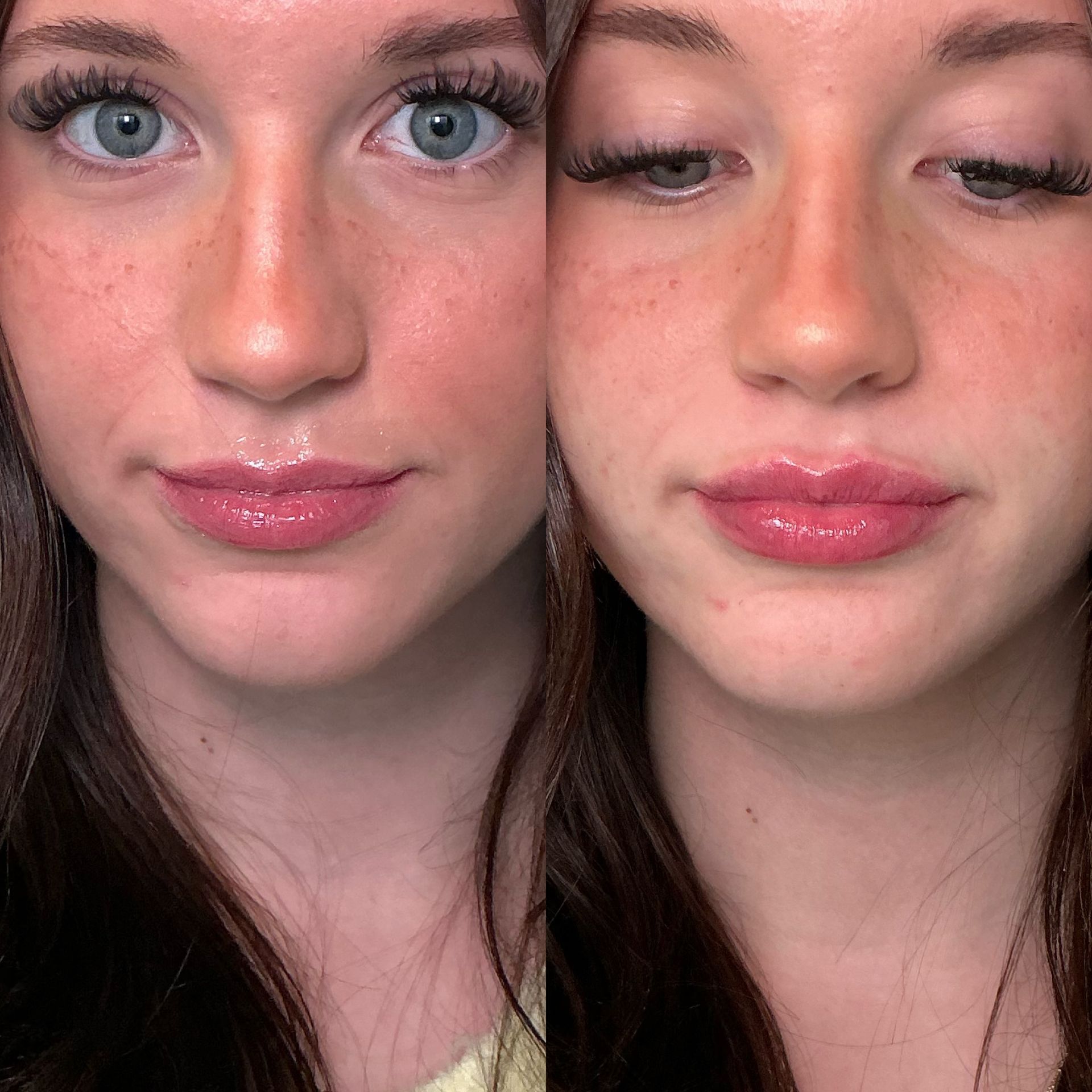 Two close-up face photos side by side, one with open blue eyes and one with eyes closed