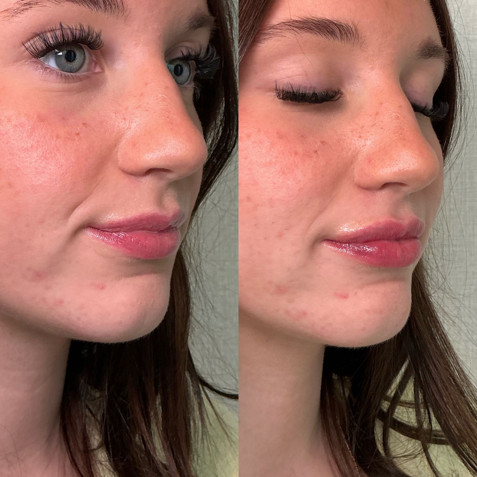 Side-by-side close-up of a woman’s face with open and closed eyes, showing natural makeup and glossy lips.
