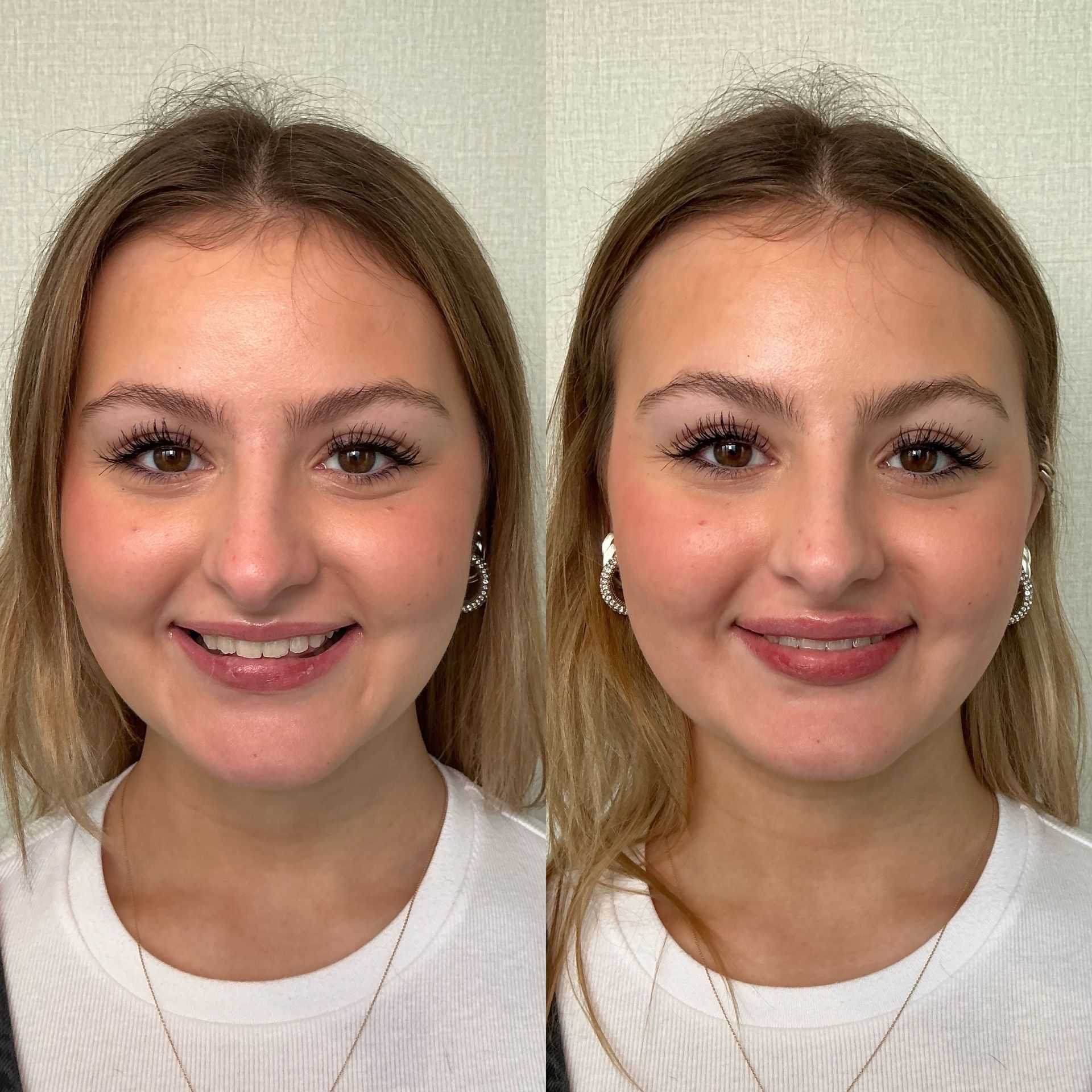 Side-by-side portrait showing a woman before and after makeup, with a subtle smile.