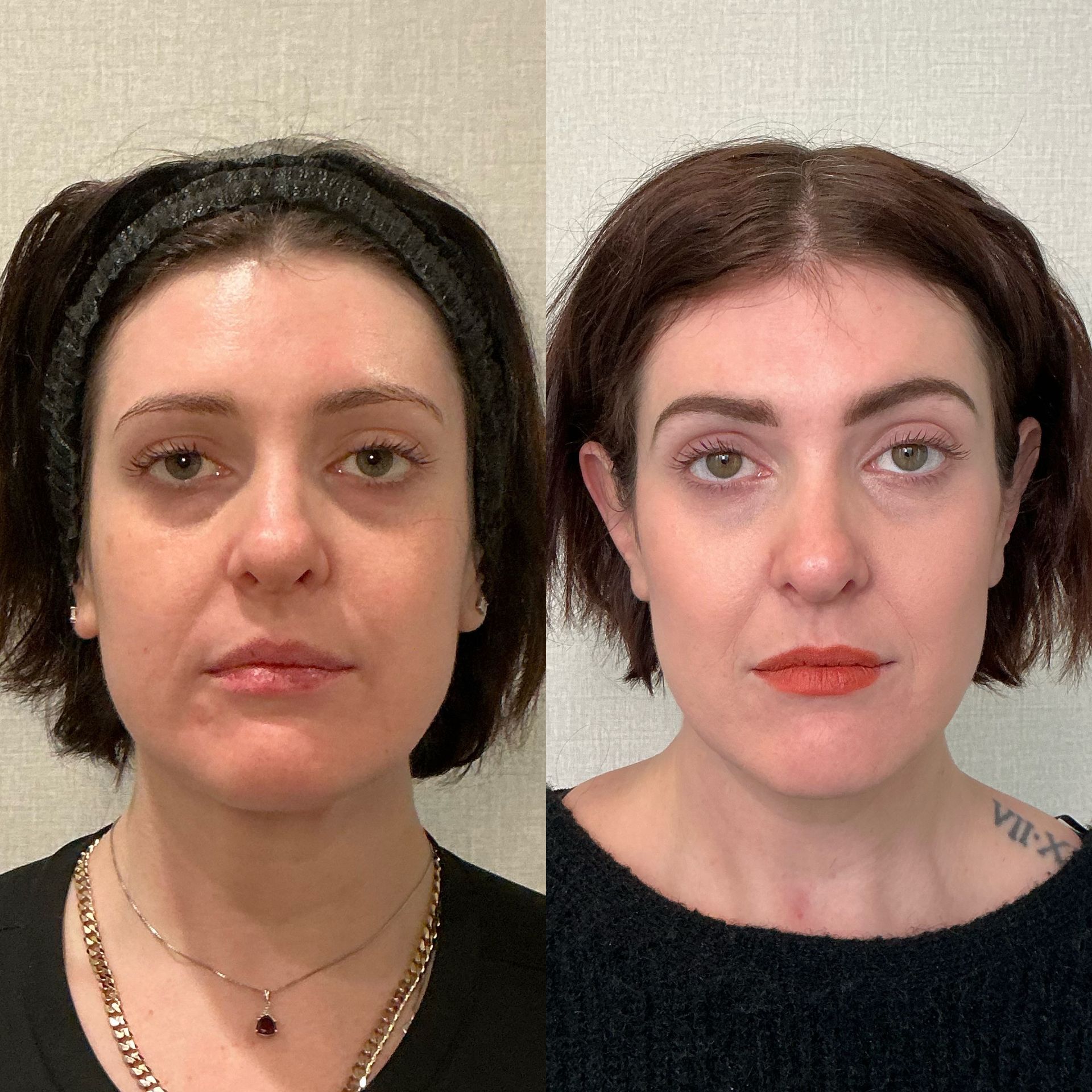 Side-by-side portrait photos showing a person with dark hair before and after makeup, neutral background