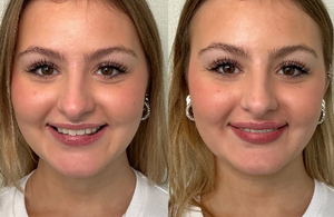 Side-by-side close-up portraits of the same smiling woman with makeup, hair pulled back, and earrings