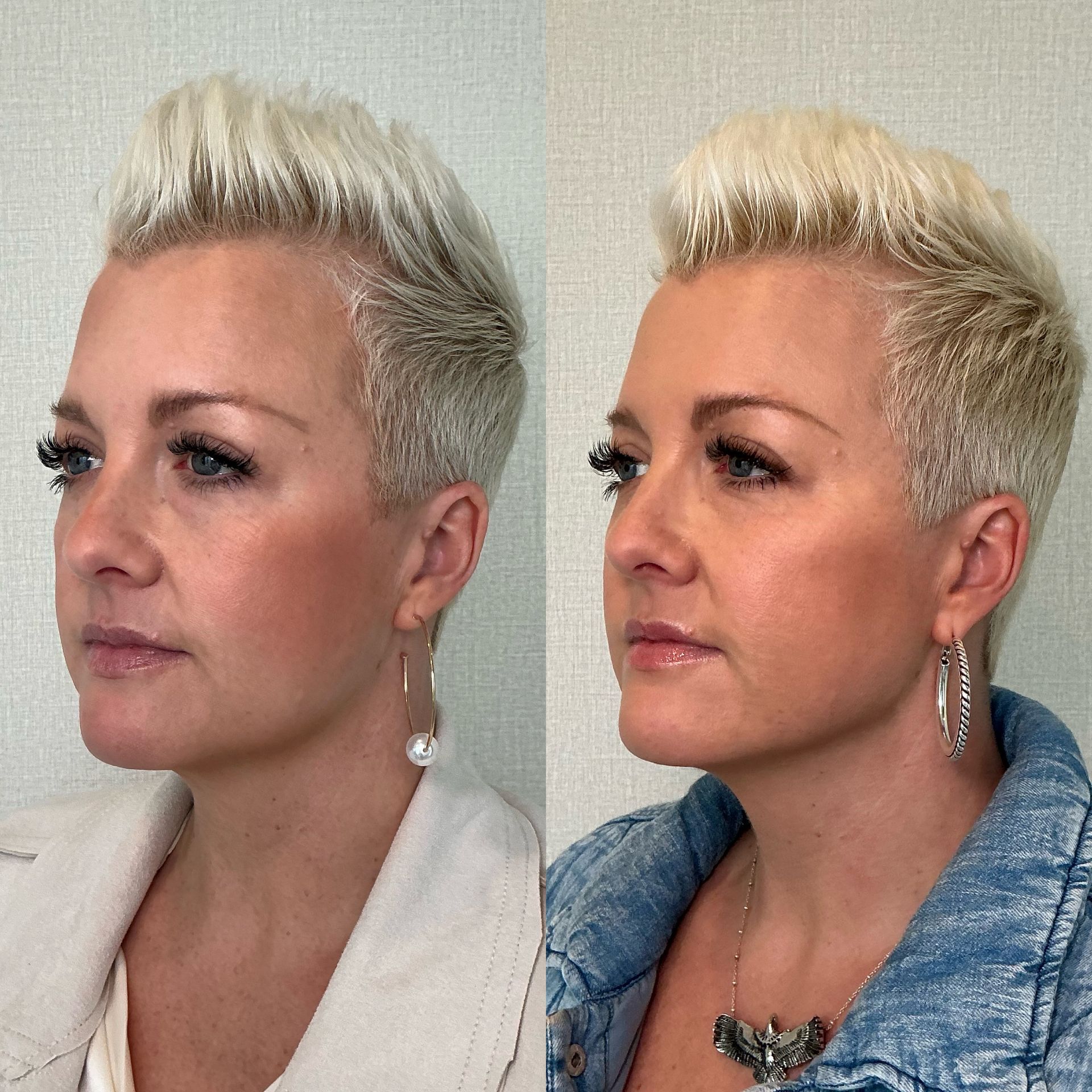 Side-by-side profile portraits of a blonde person in a white jacket and denim jacket, wearing earrings and makeup