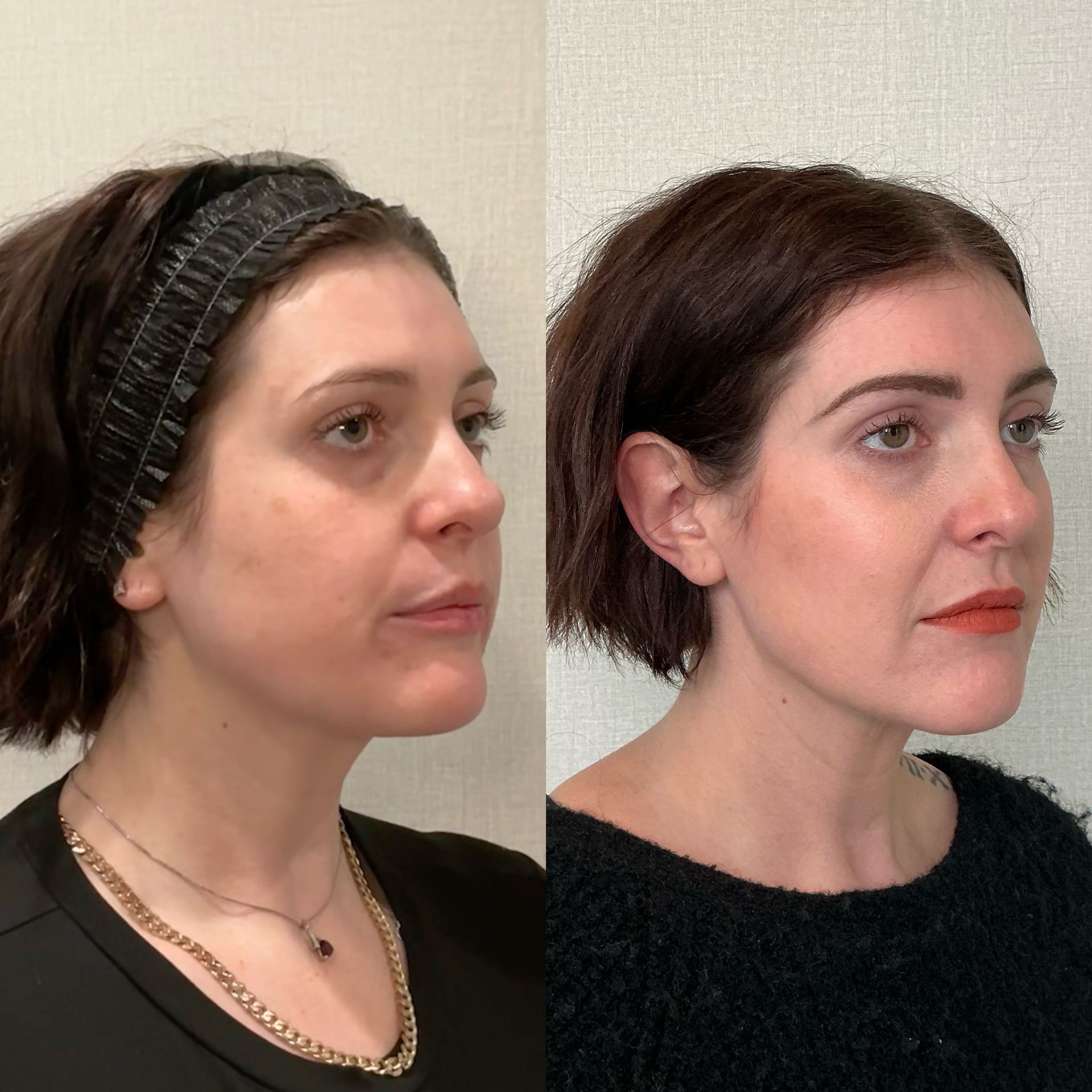 Side-by-side profile portraits of a woman before and after makeup, showing different hairstyles and lip color