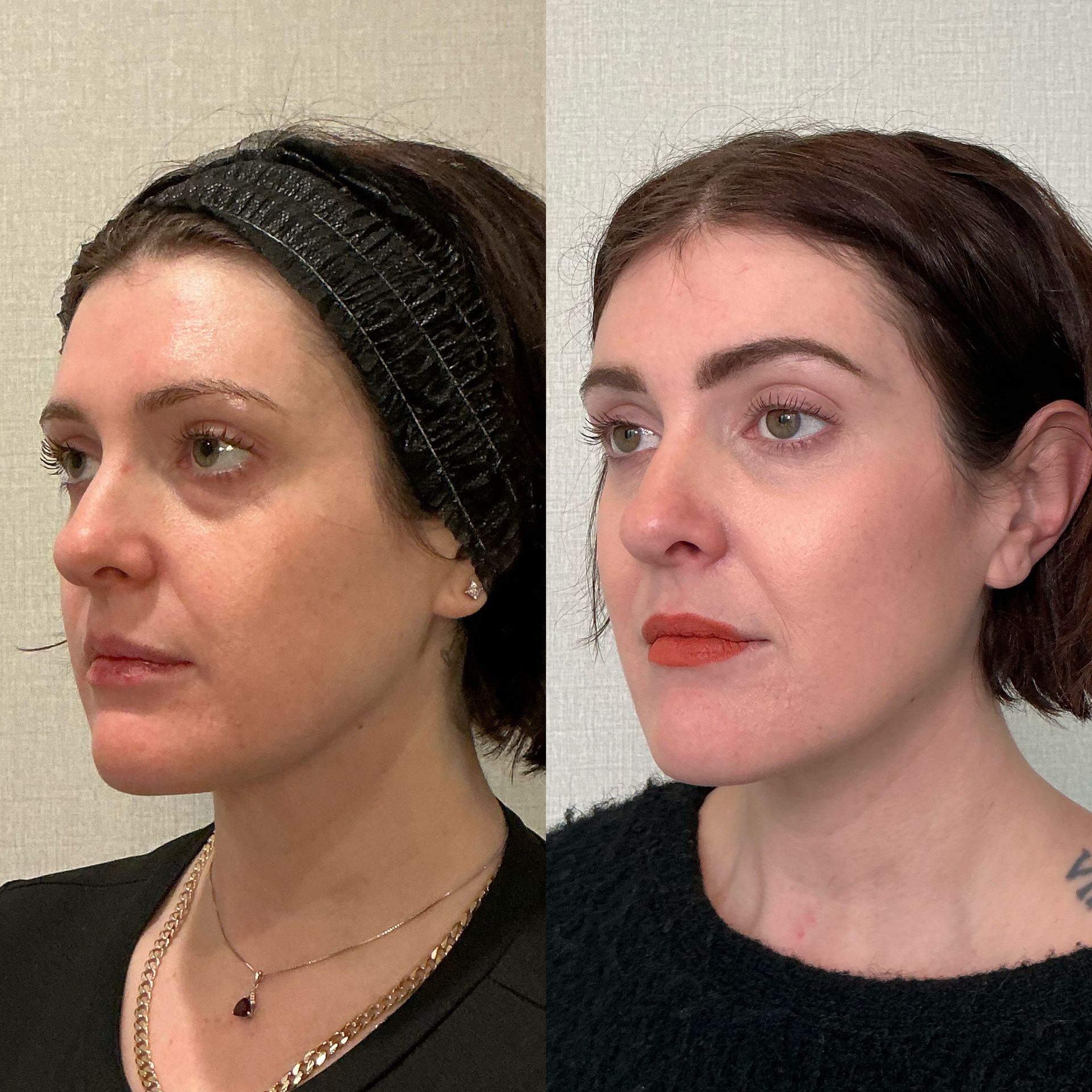 Side-by-side profile portraits of the same person before and after makeup, in black tops.