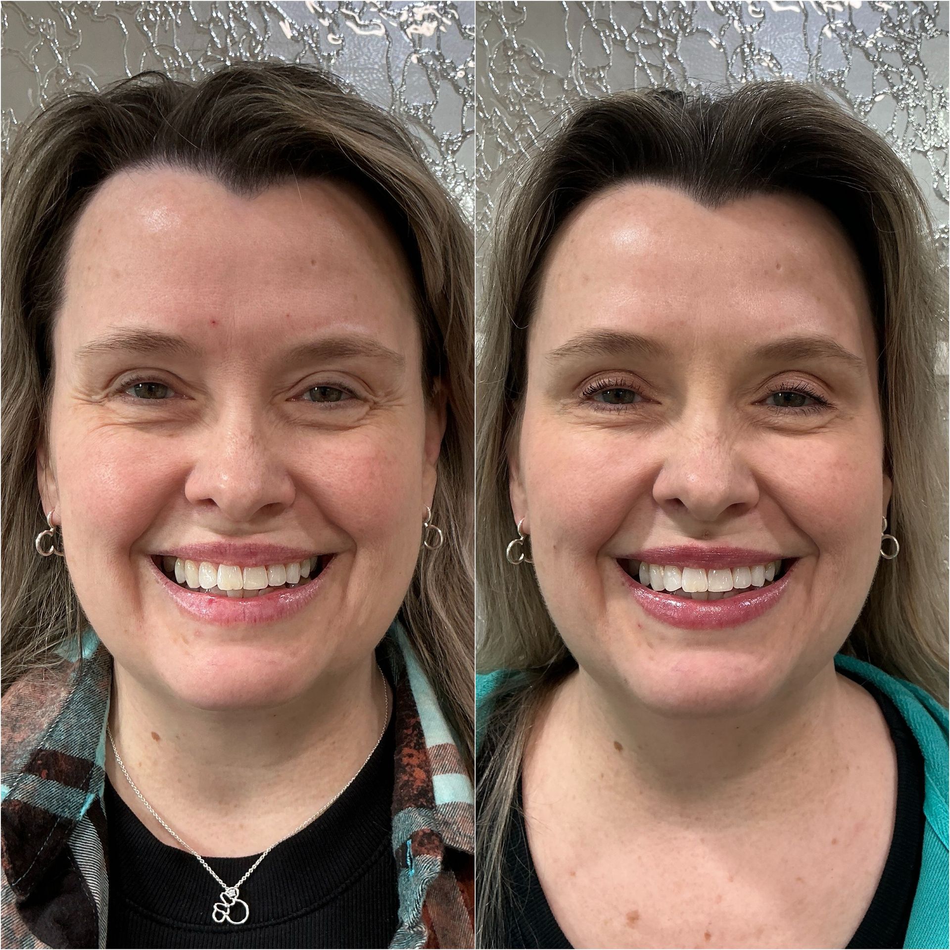 Side-by-side smiling portrait with different makeup looks and hairstyles against a textured gray backdrop