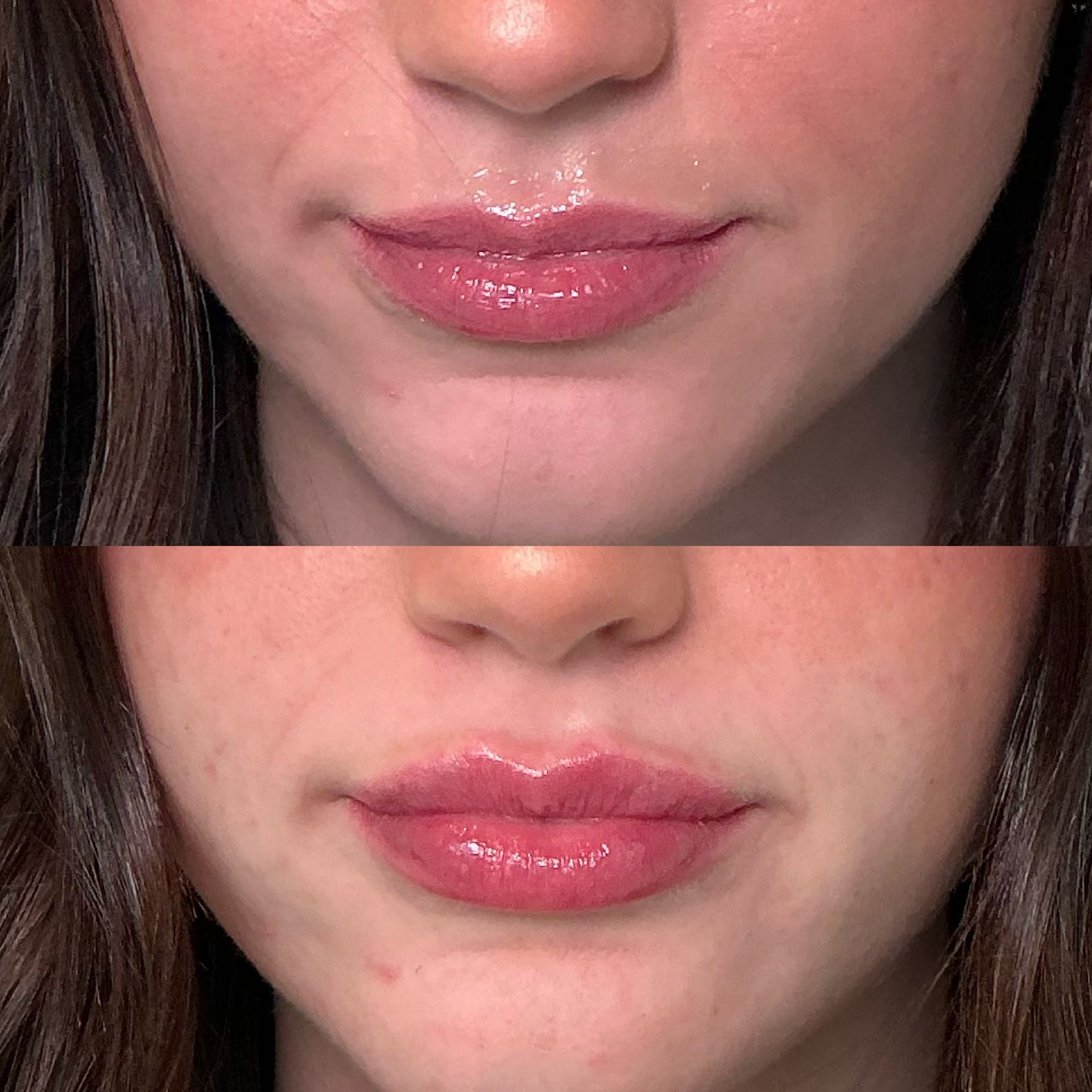 Close-up of glossy pink lips, shown before and after makeup application