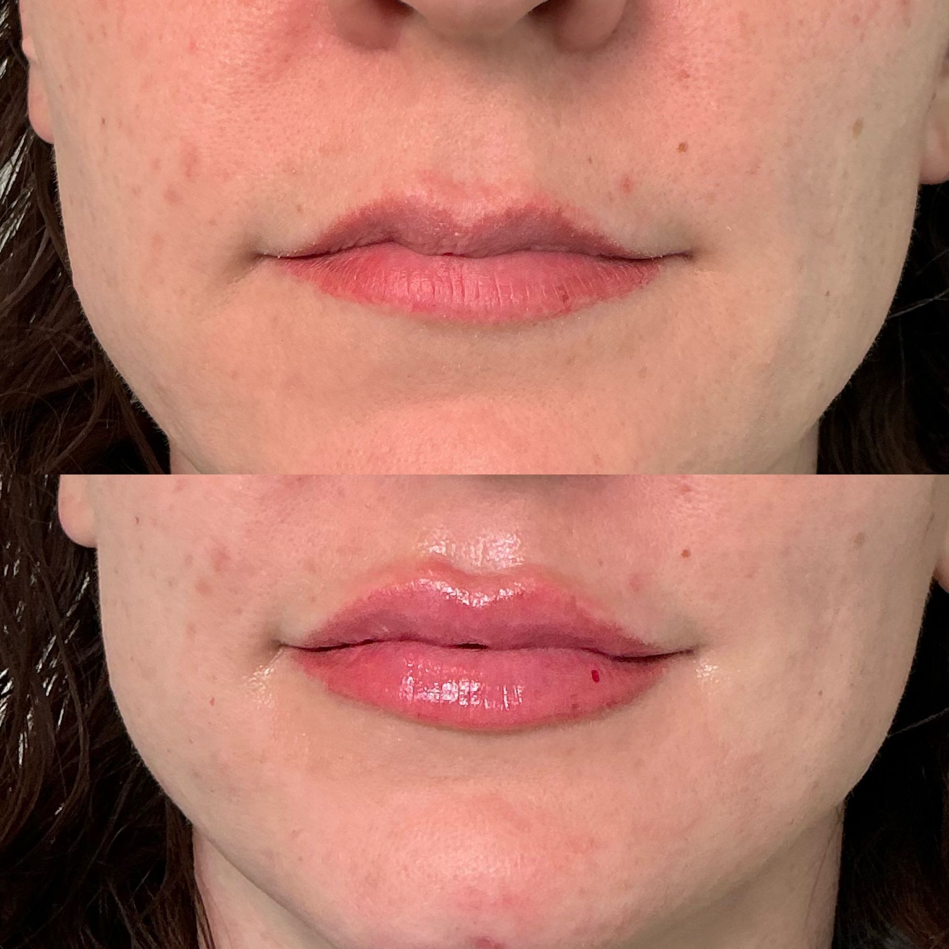 Close-up of lips before and after gloss application, showing a shinier finish on the bottom image.