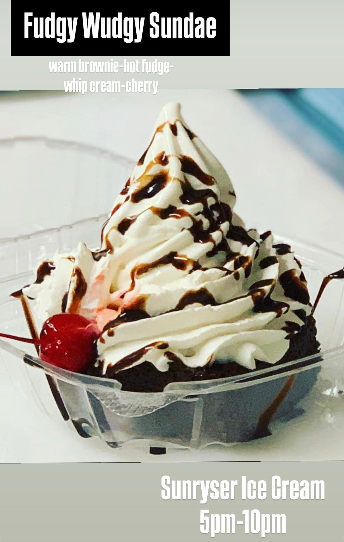Chocolate-drizzled fudge sundae with whipped cream and cherry in a clear cup, labeled “Fudgy Wudgy Sundae”