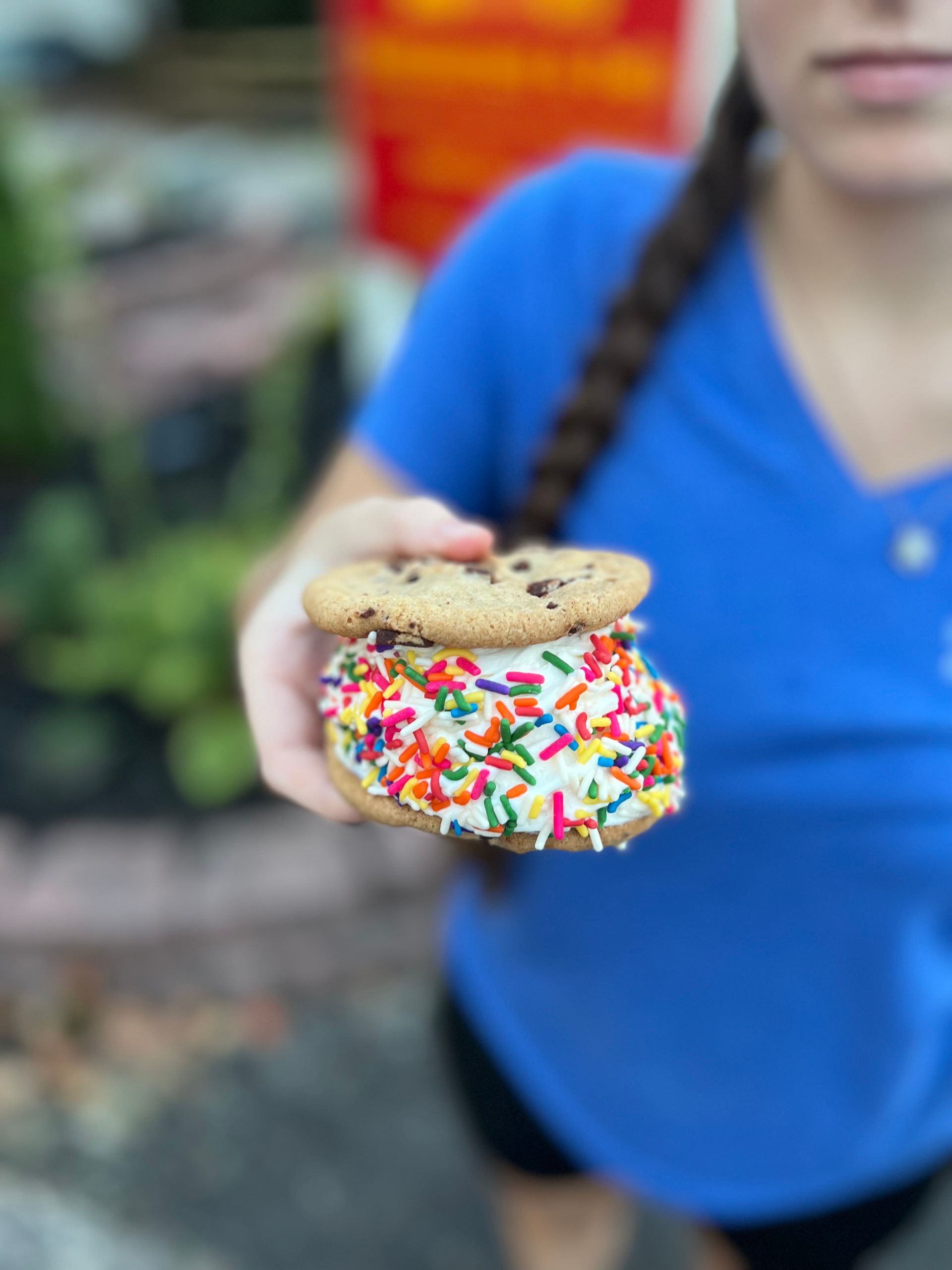 Hand holding an ice cream sandwich with colorful sprinkles in front of a blue shirt