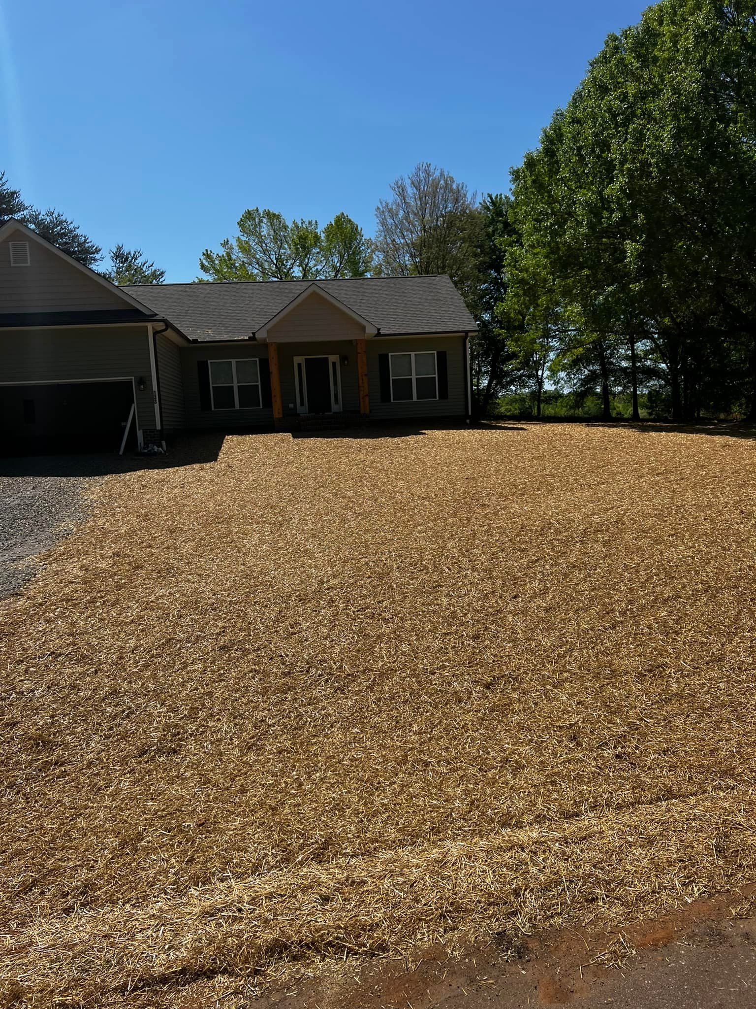House with gravel yard, brown siding, surrounded by trees under a blue sky.