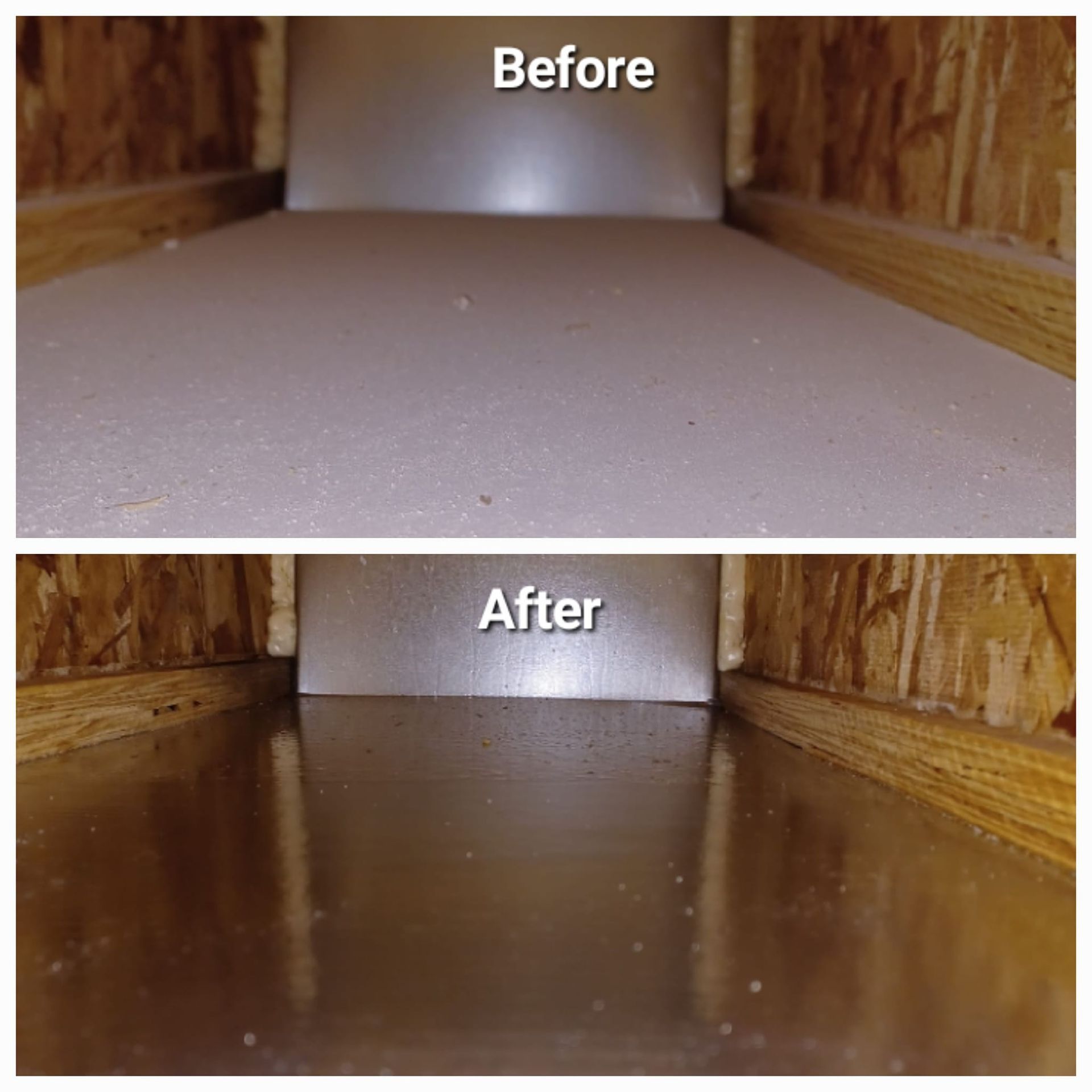 A before and after picture of a duct in a house.