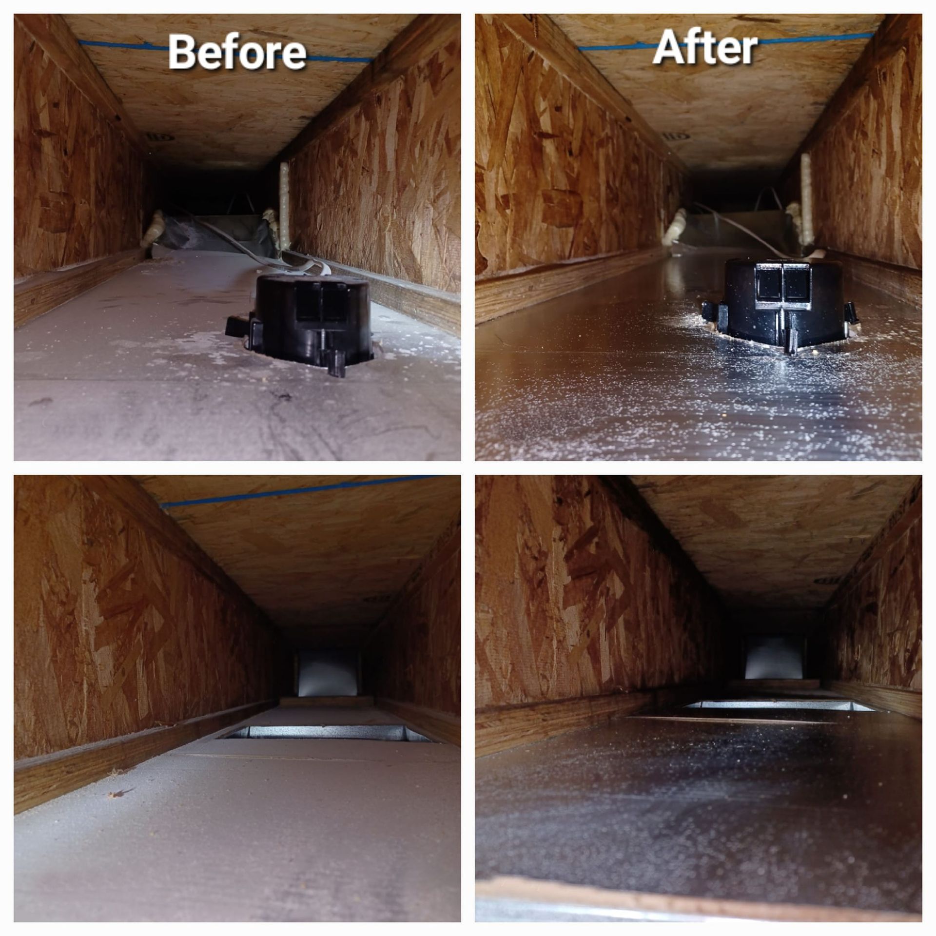 A before and after photo of a duct that has been cleaned