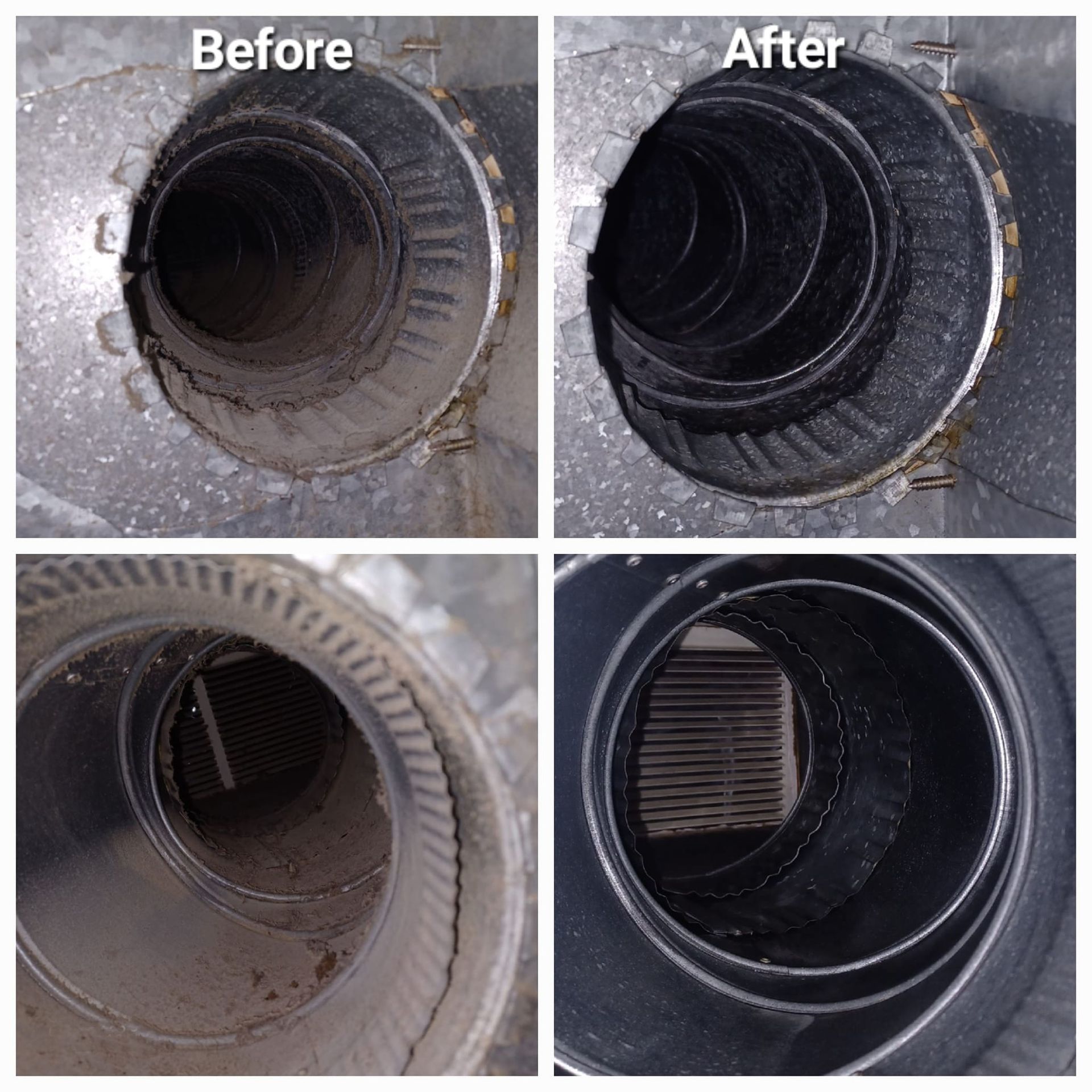 A before and after picture of a duct that has been cleaned