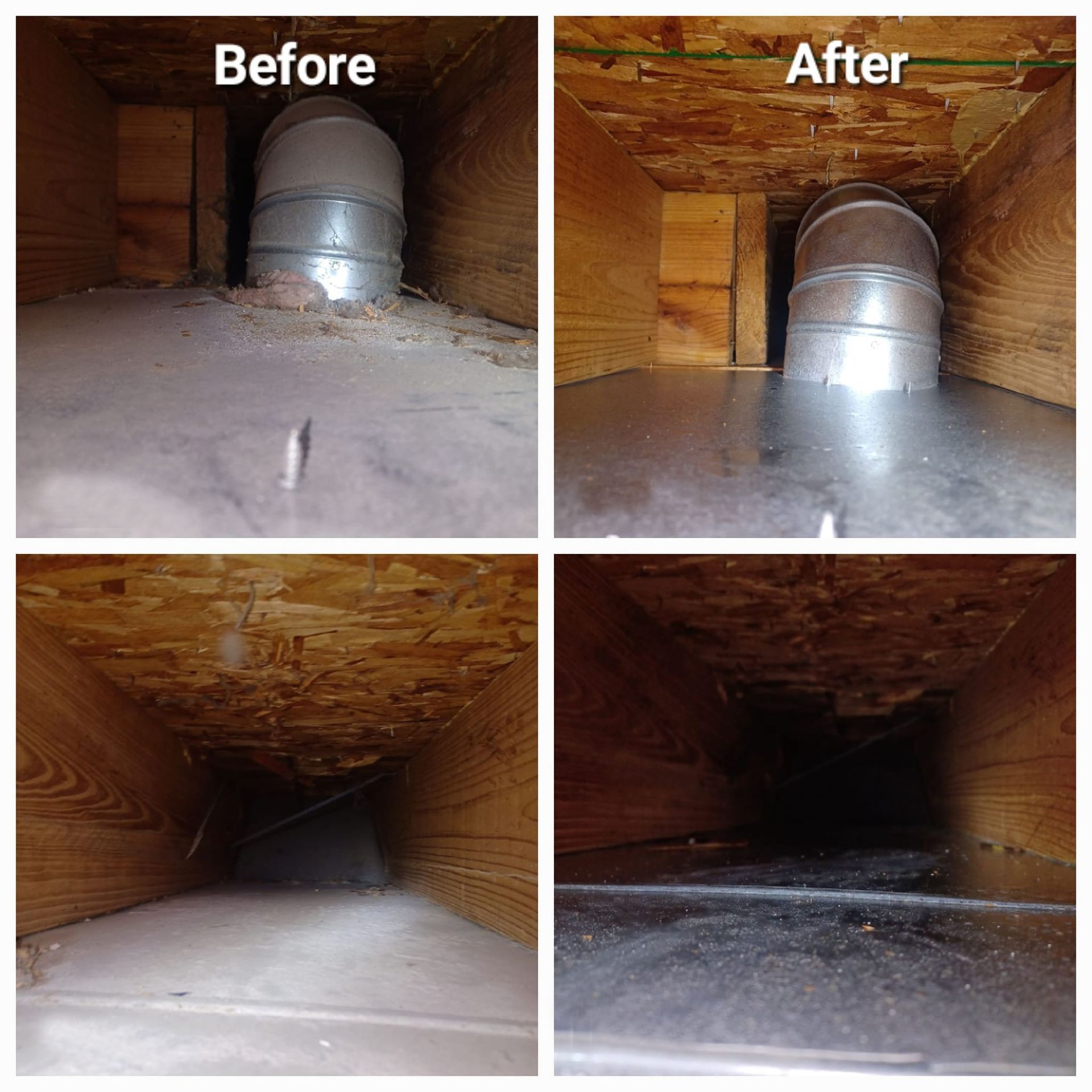A before and after picture of a duct in a house.
