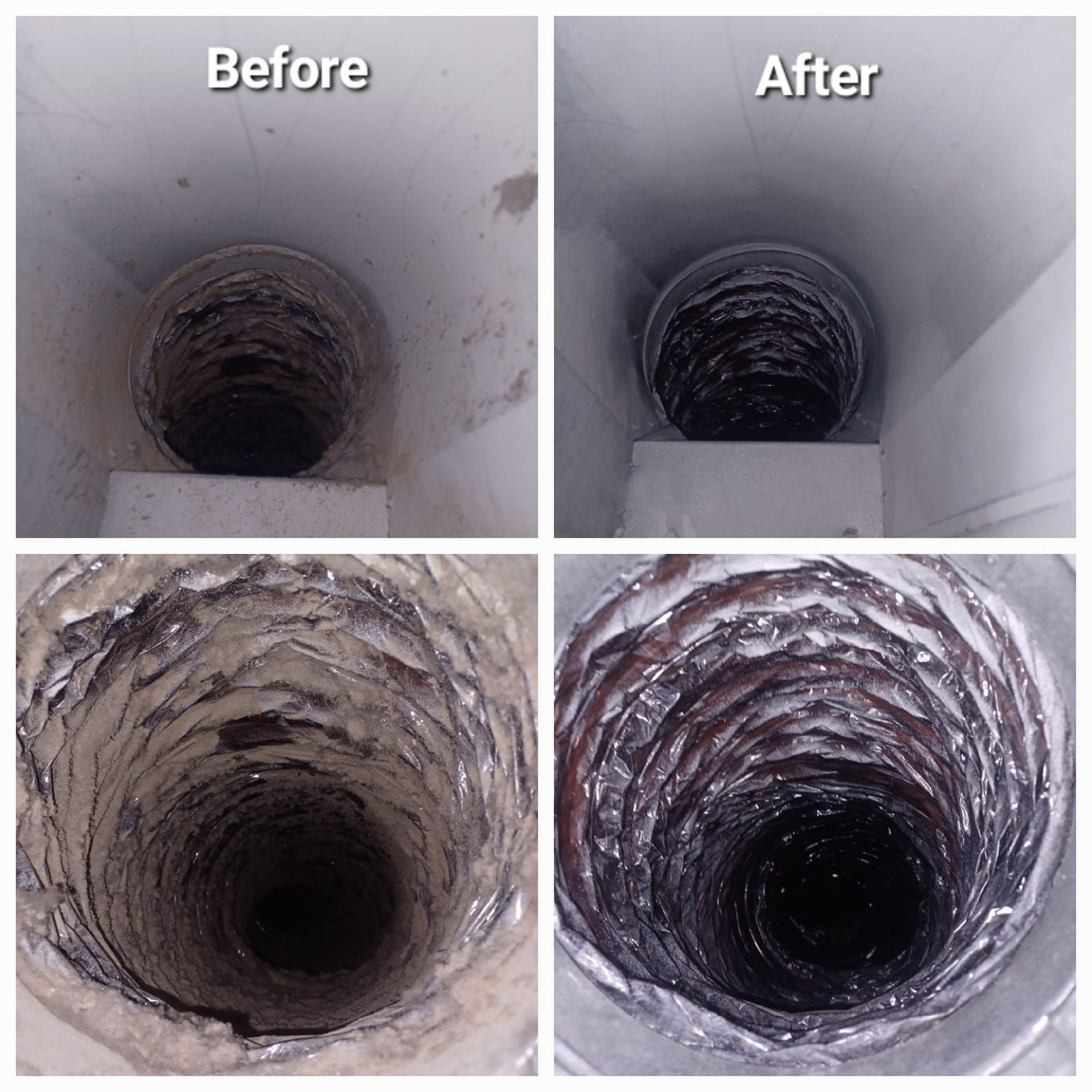 A collage of four pictures of a duct before and after cleaning.