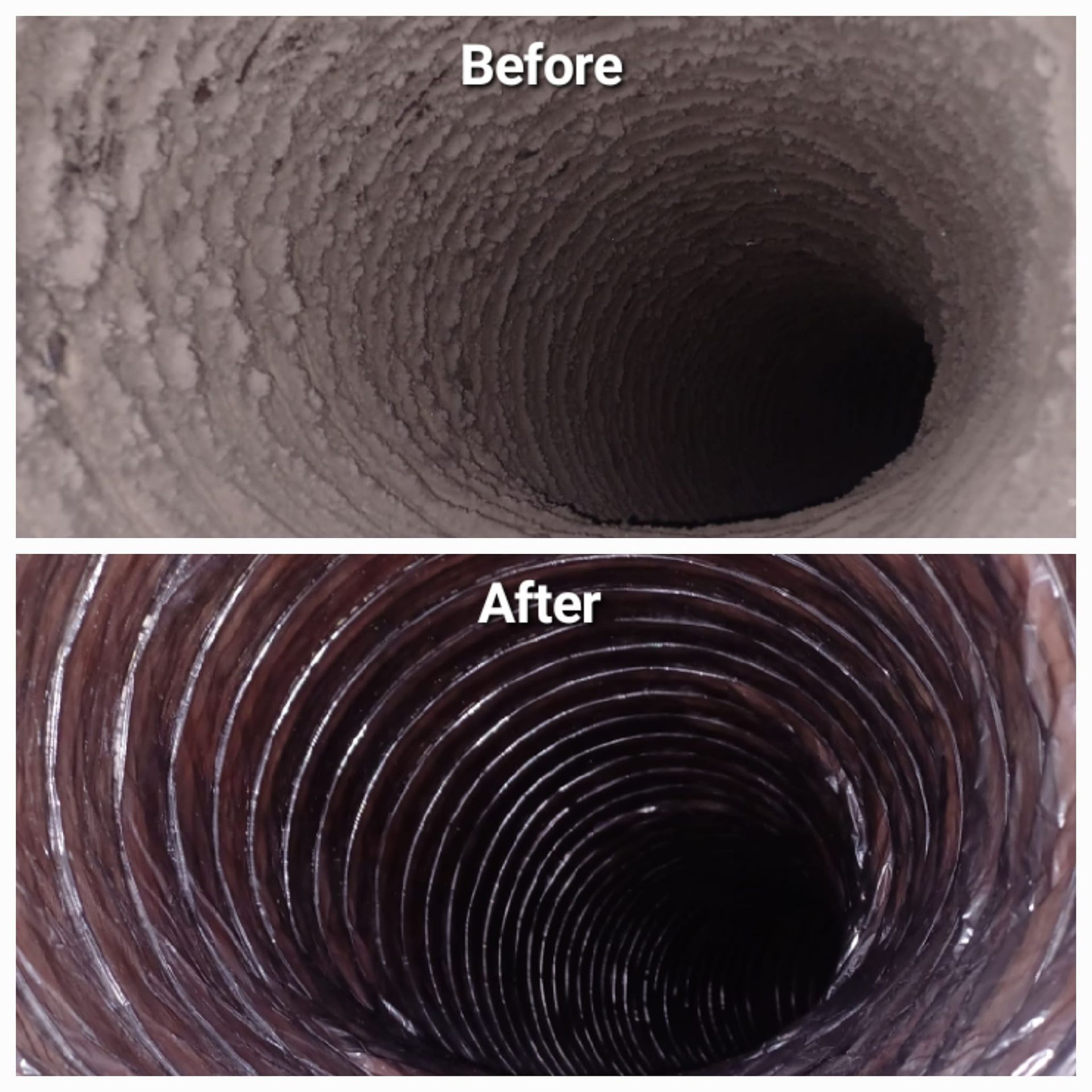 A before and after picture of a duct that has been cleaned