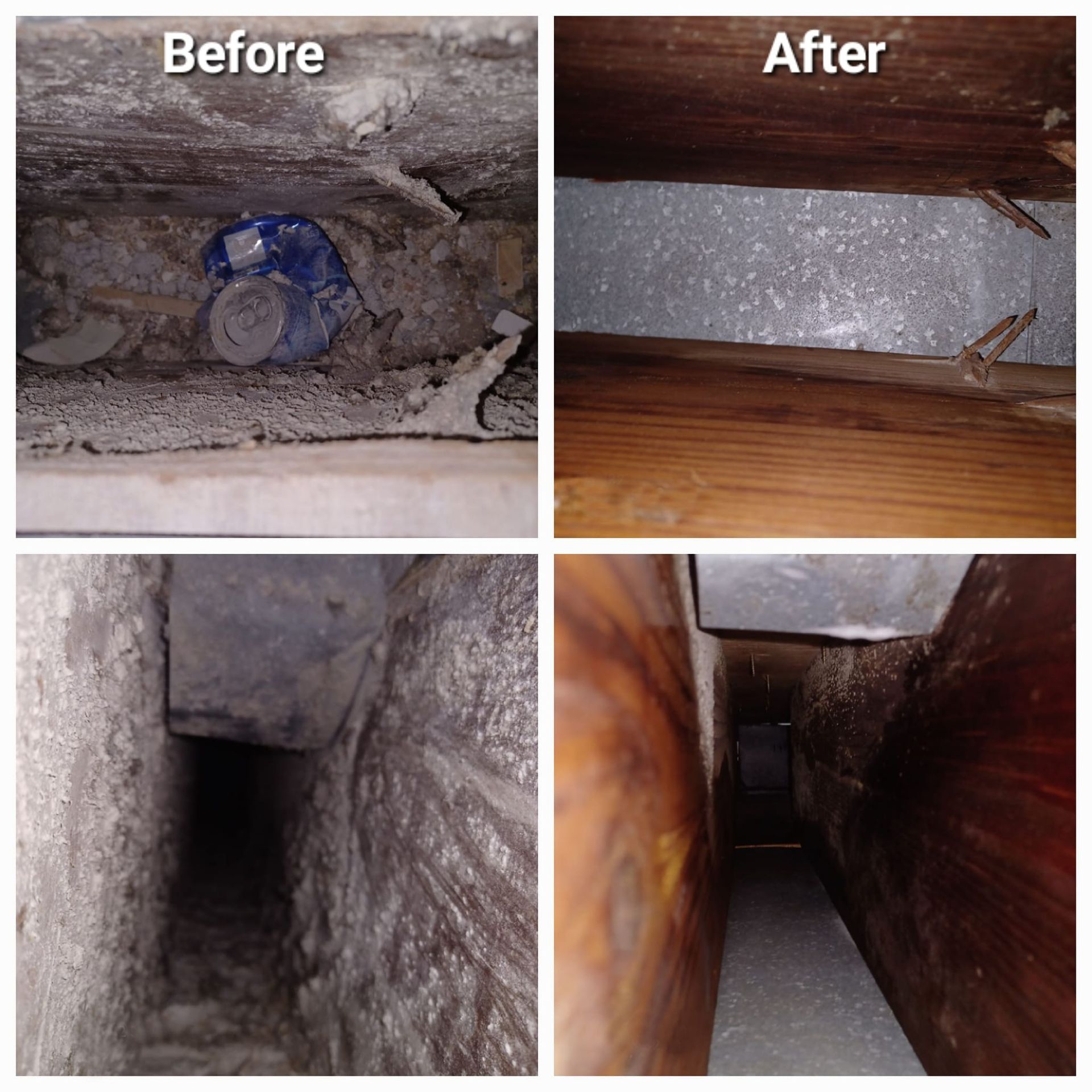 A before and after picture of a duct in a house.