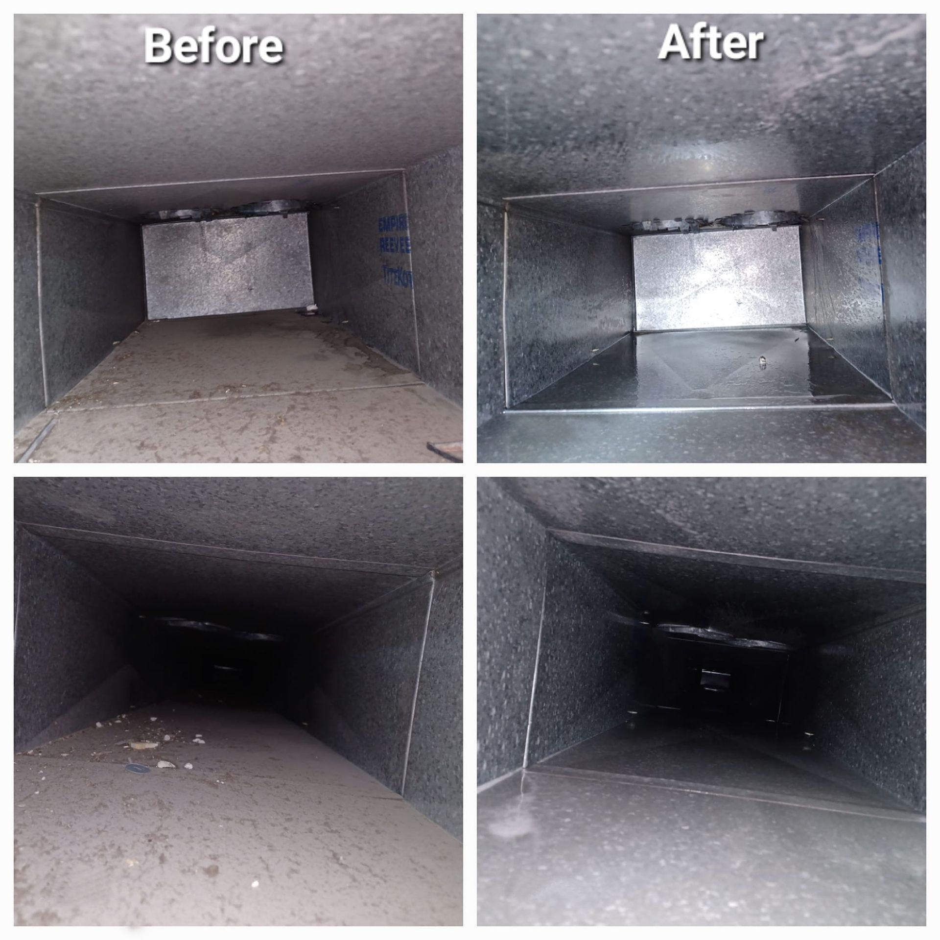 A collage of four pictures of a duct before and after cleaning.