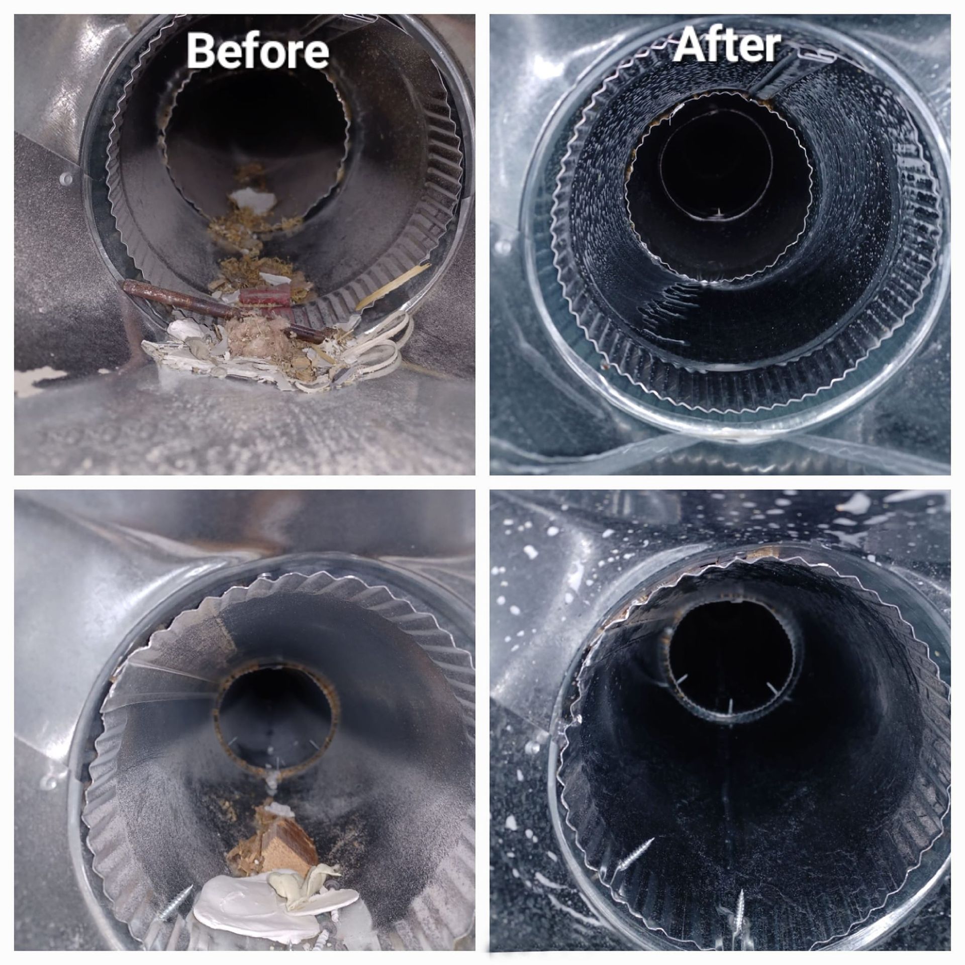 A collage of four pictures of a pipe before and after cleaning