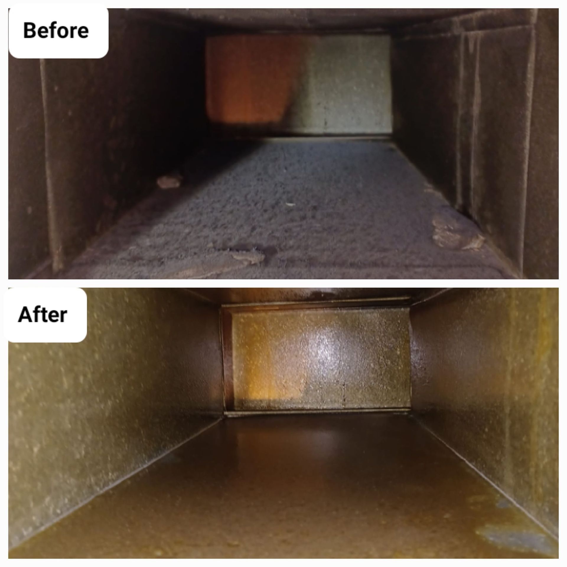 A before and after picture of a duct being cleaned.