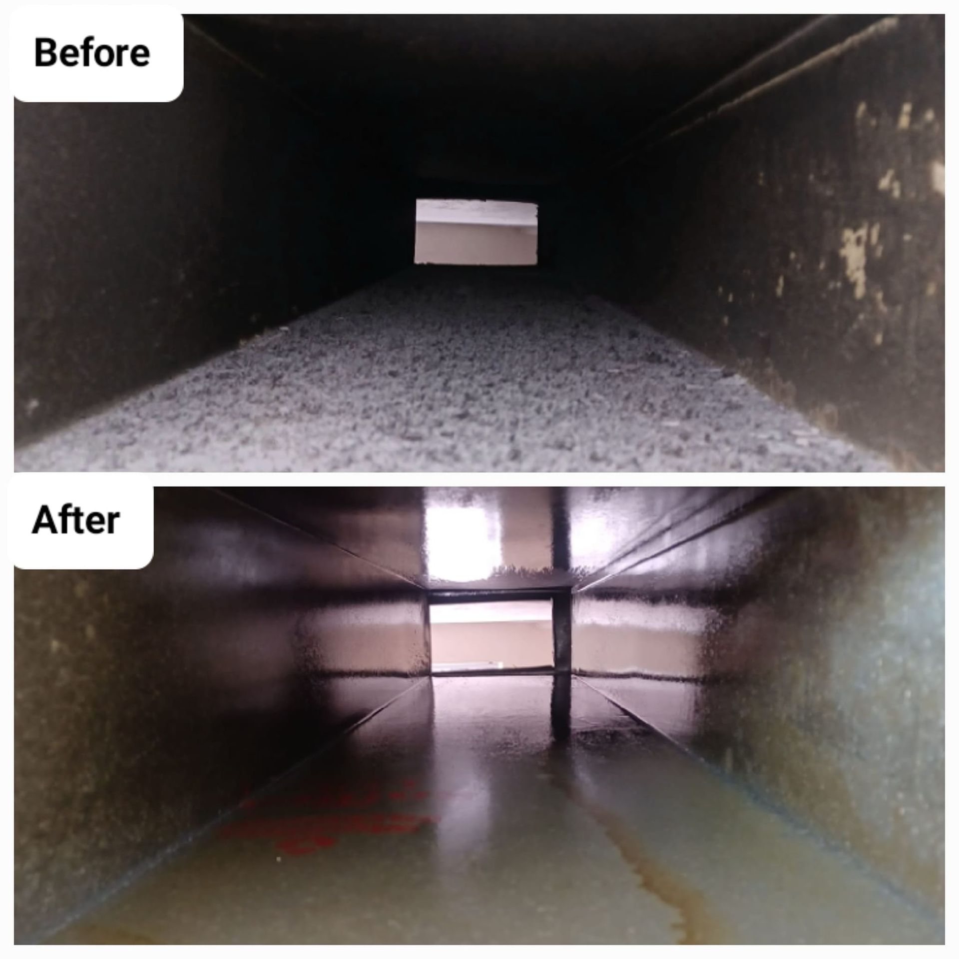 A before and after picture of a duct that has been cleaned.