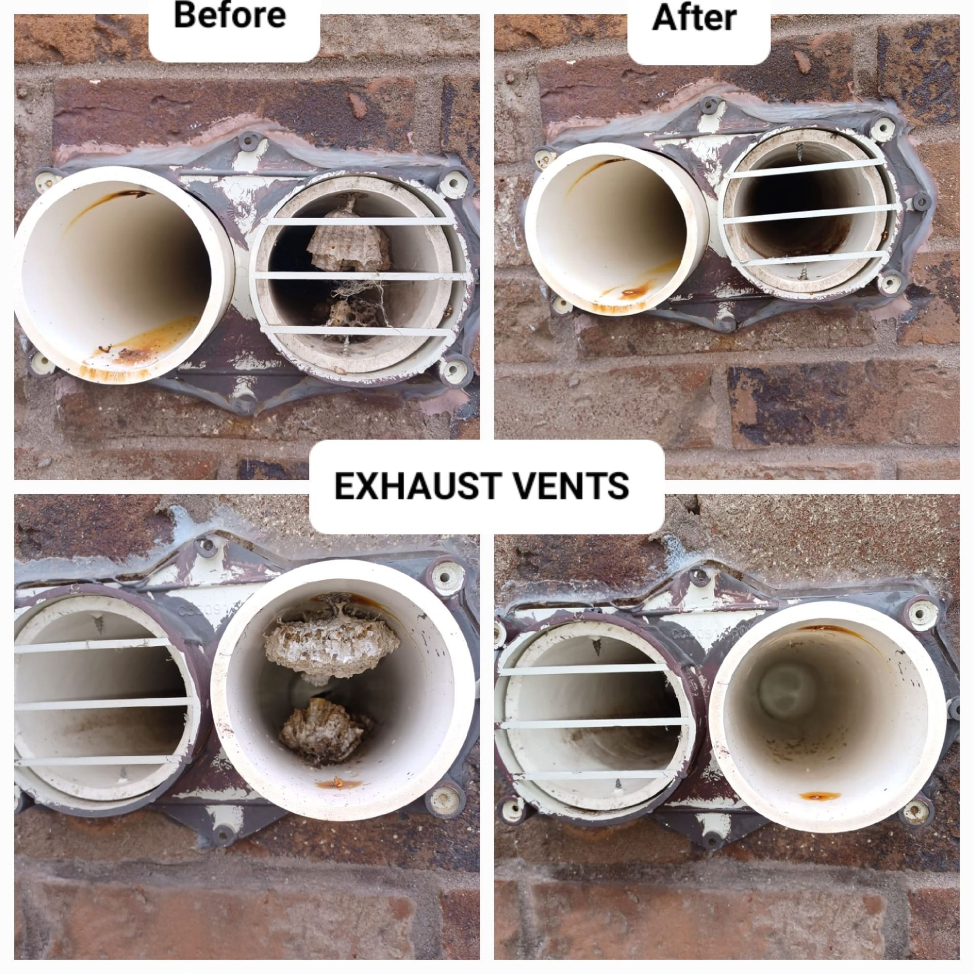 A before and after photo of exhaust vents on a brick wall.