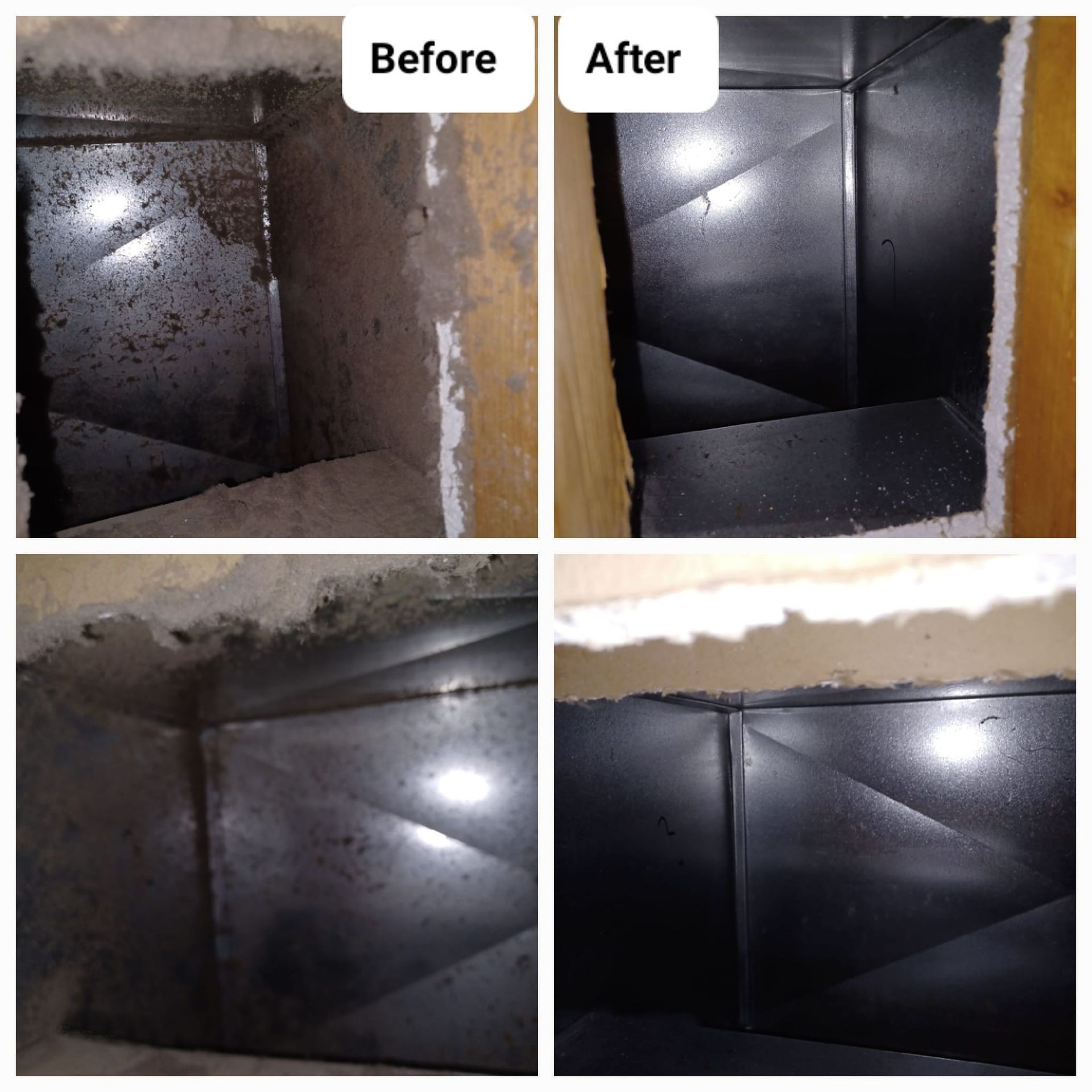 A before and after picture of a duct that has been cleaned
