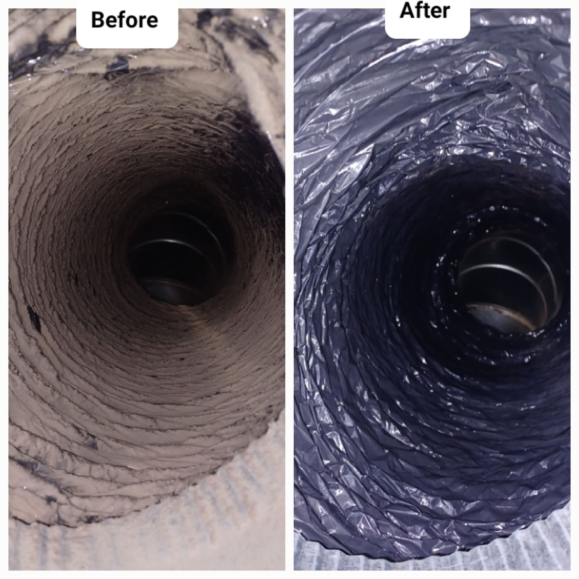 A before and after picture of a duct that has been cleaned.