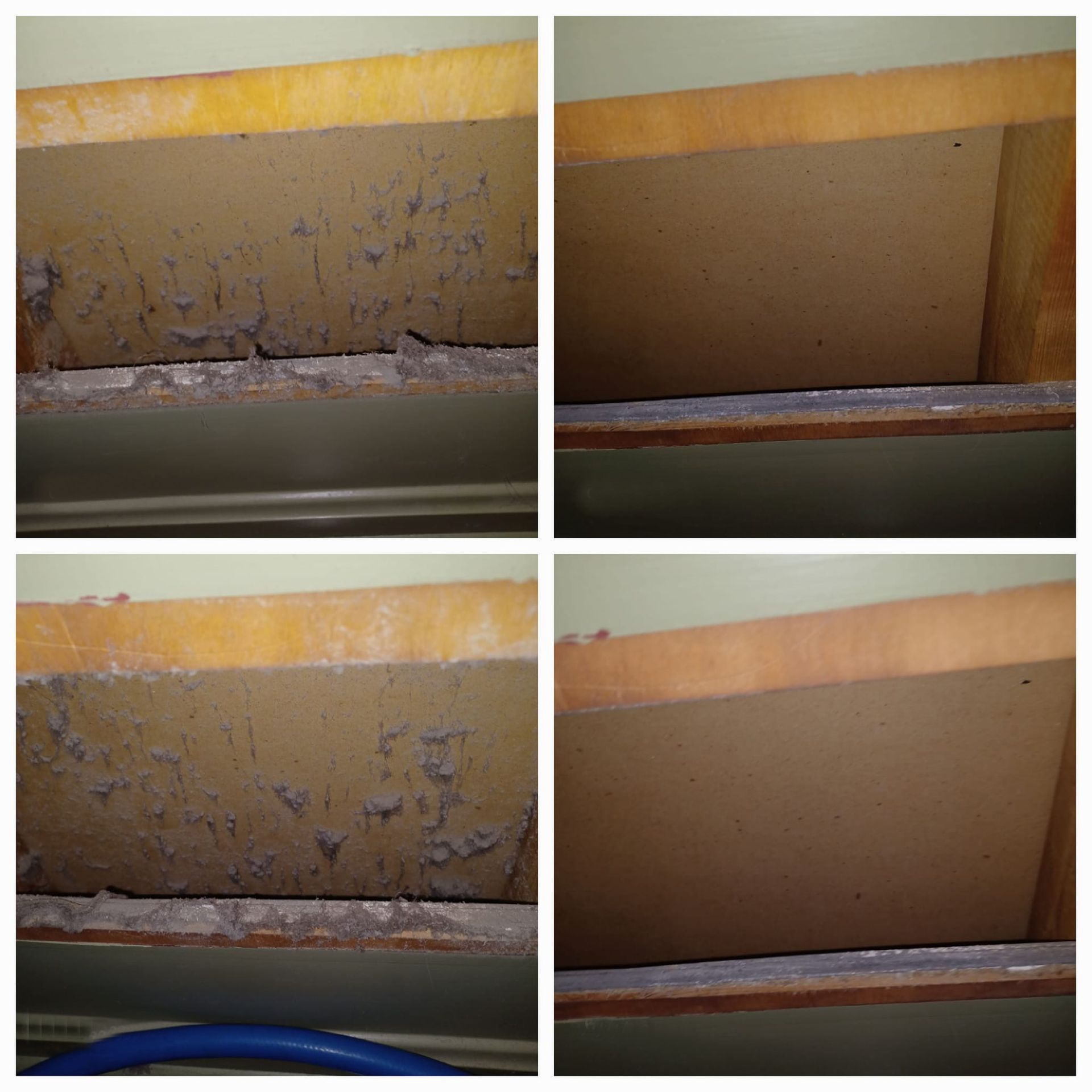 A collage of four pictures of a wall with different stages of peeling paint.