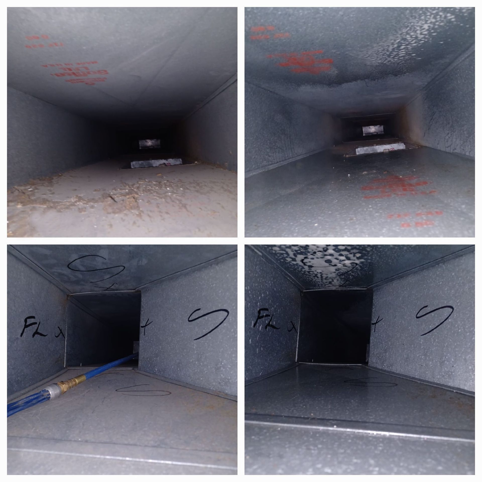 A collage of four pictures of a duct before and after cleaning.