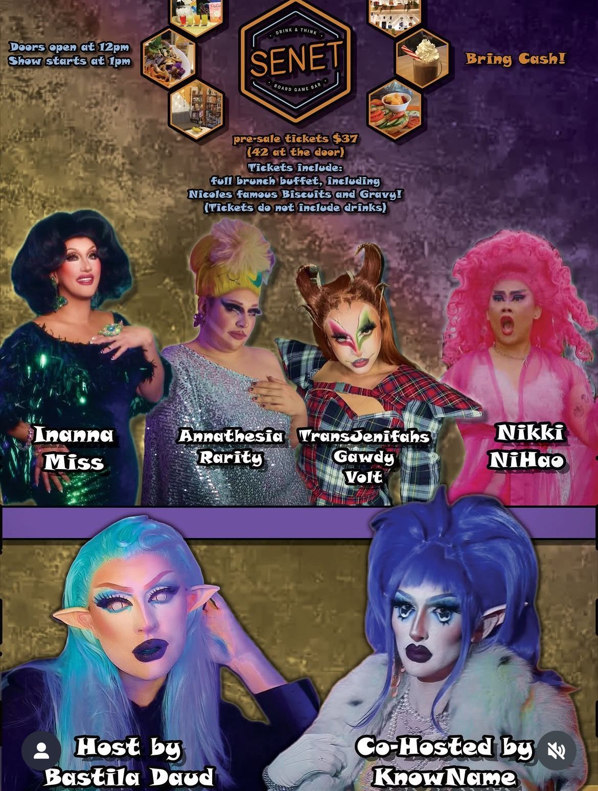 A flyer for a Senet drag show featuring six performers in elaborate costumes and makeup, with event details at the top.