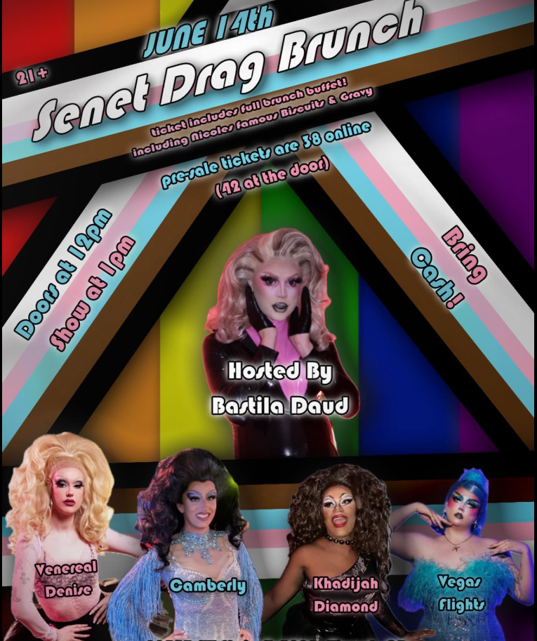 Poster for “Senet Drag Brunch” with neon geometric design and drag performers’ photos against a black background