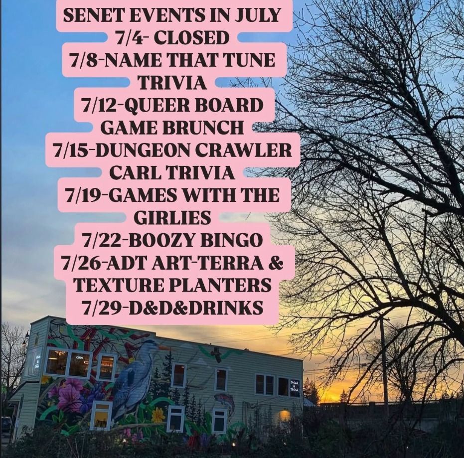 Senet events July schedule over a sunset scene with trees and rooftops