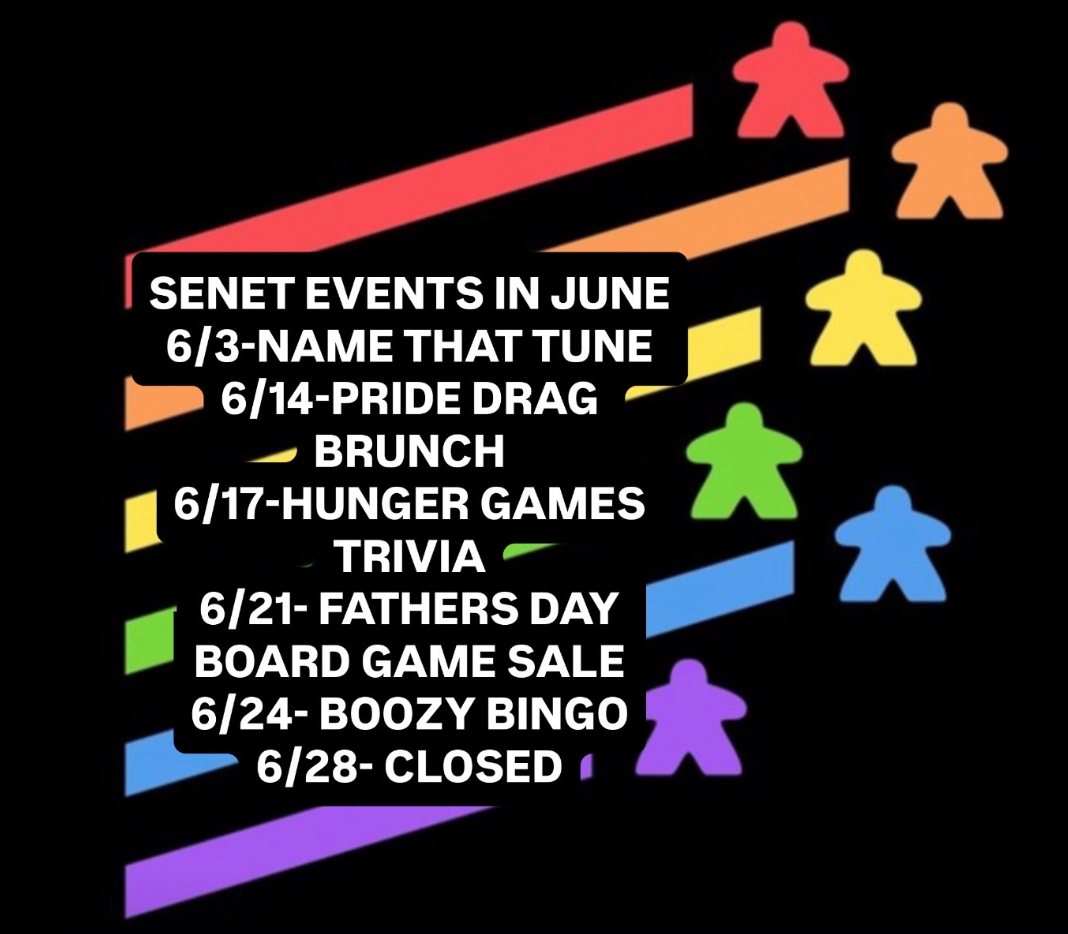 June senior center events list with colorful figures and dates for brunch, trivia, sale, bingo, and closed day