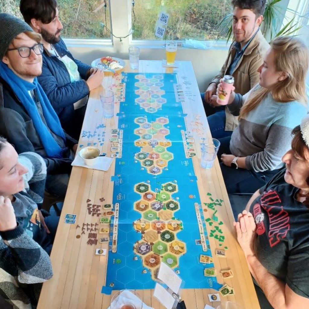 People playing Catan board game at a table. Game pieces and hexagonal tiles visible. Sunlight streams through window.