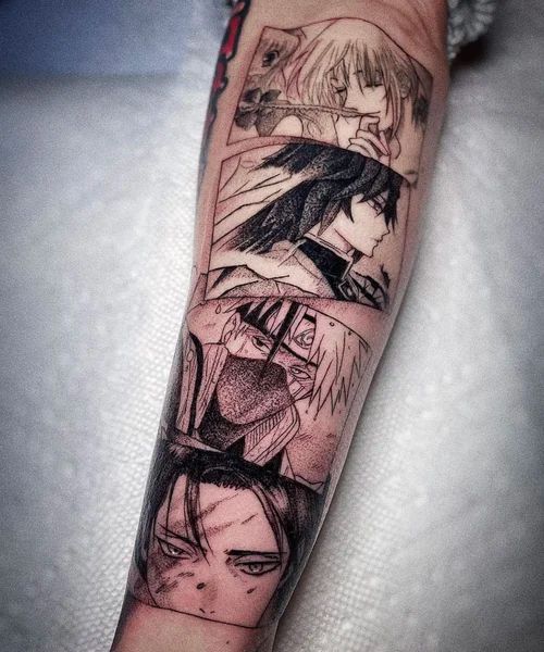 Black-and-gray anime character tattoo sleeve on a forearm, showing four portrait panels