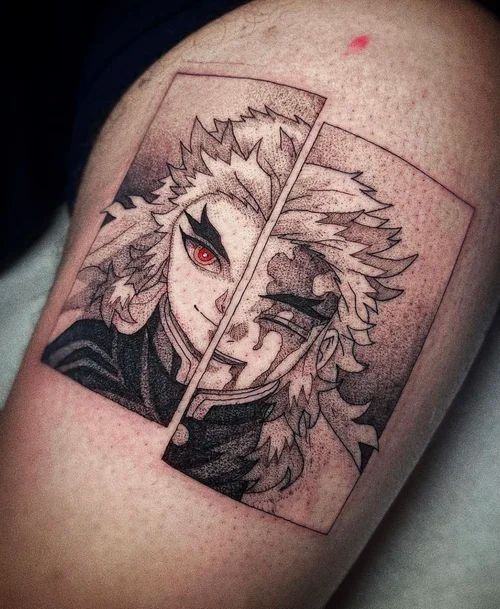 Anime-style tattoo of a split face with white hair, red eye, and black shading on skin