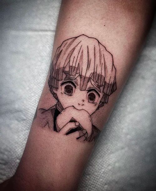 Small black-and-gray anime-style tattoo on a forearm, showing a wide-eyed character holding a heart.