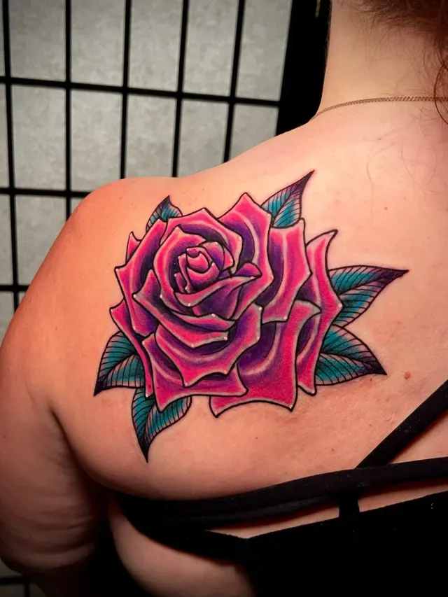 Pink and purple rose tattoo on a person’s upper back and shoulder