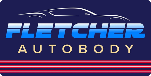 Fletcher Autobody logo in blue and gold on a dark background with pink stripes