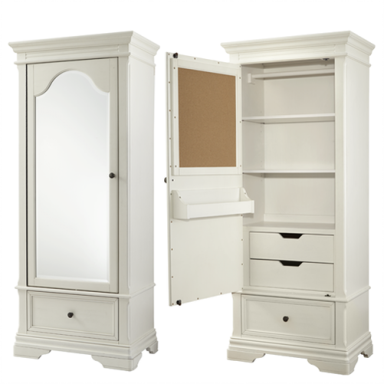 a white wardrobe with a mirror and drawers